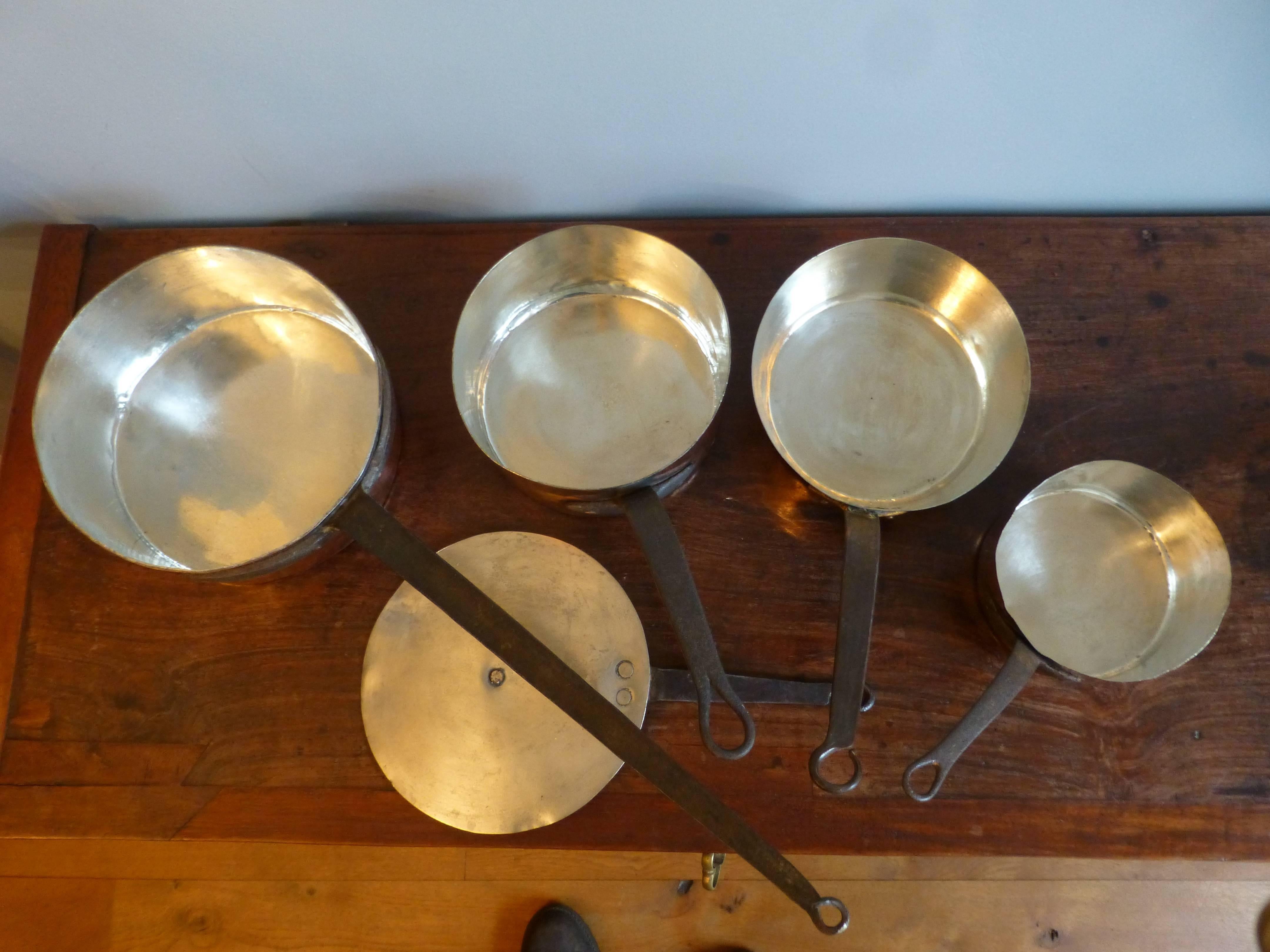 French Magnificent Set of Re-Tinned Antique Copper Pans, Copper Pots