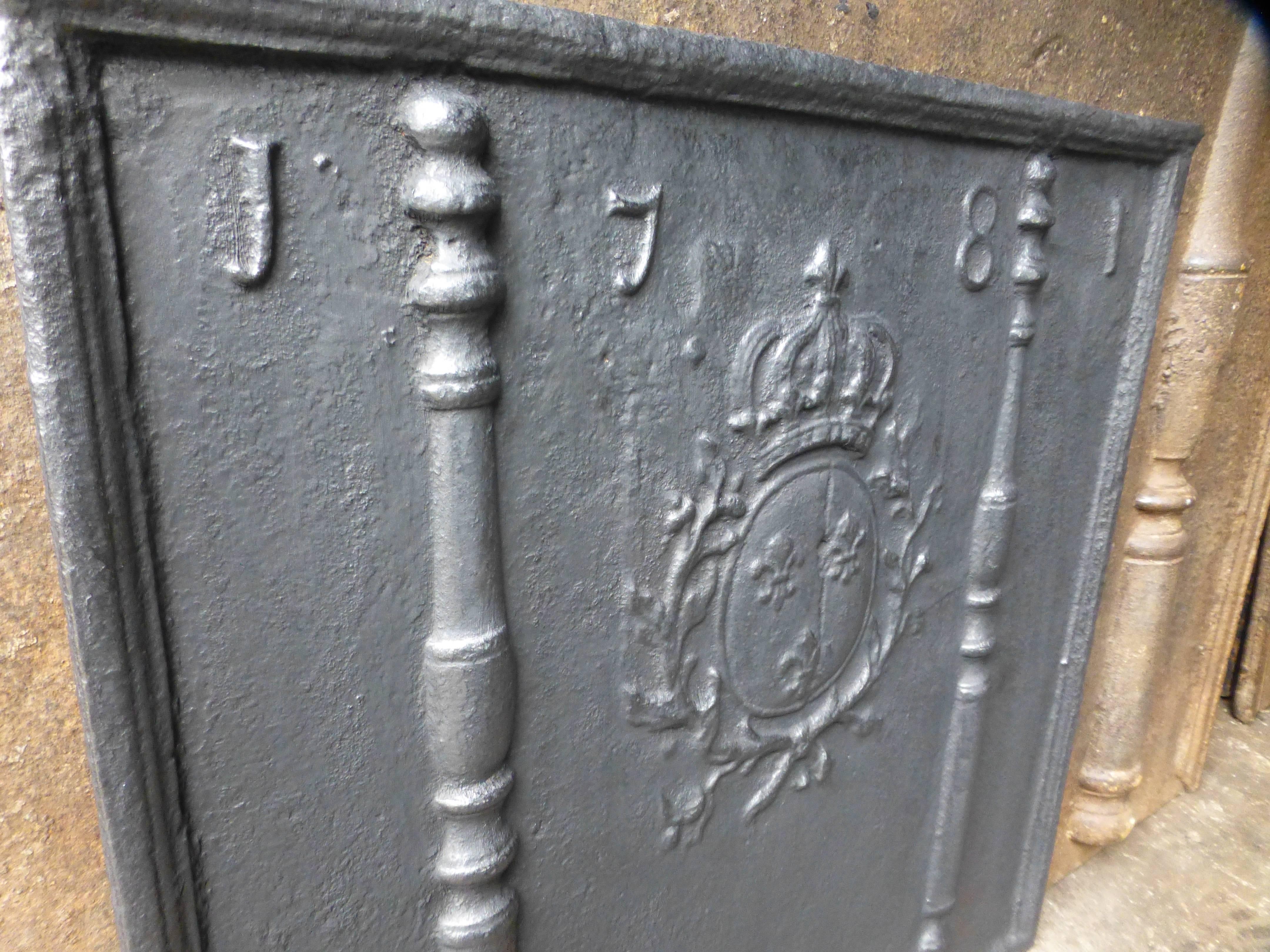 18th Century and Earlier 18th Century French Fireback, Pillars with Arms of France