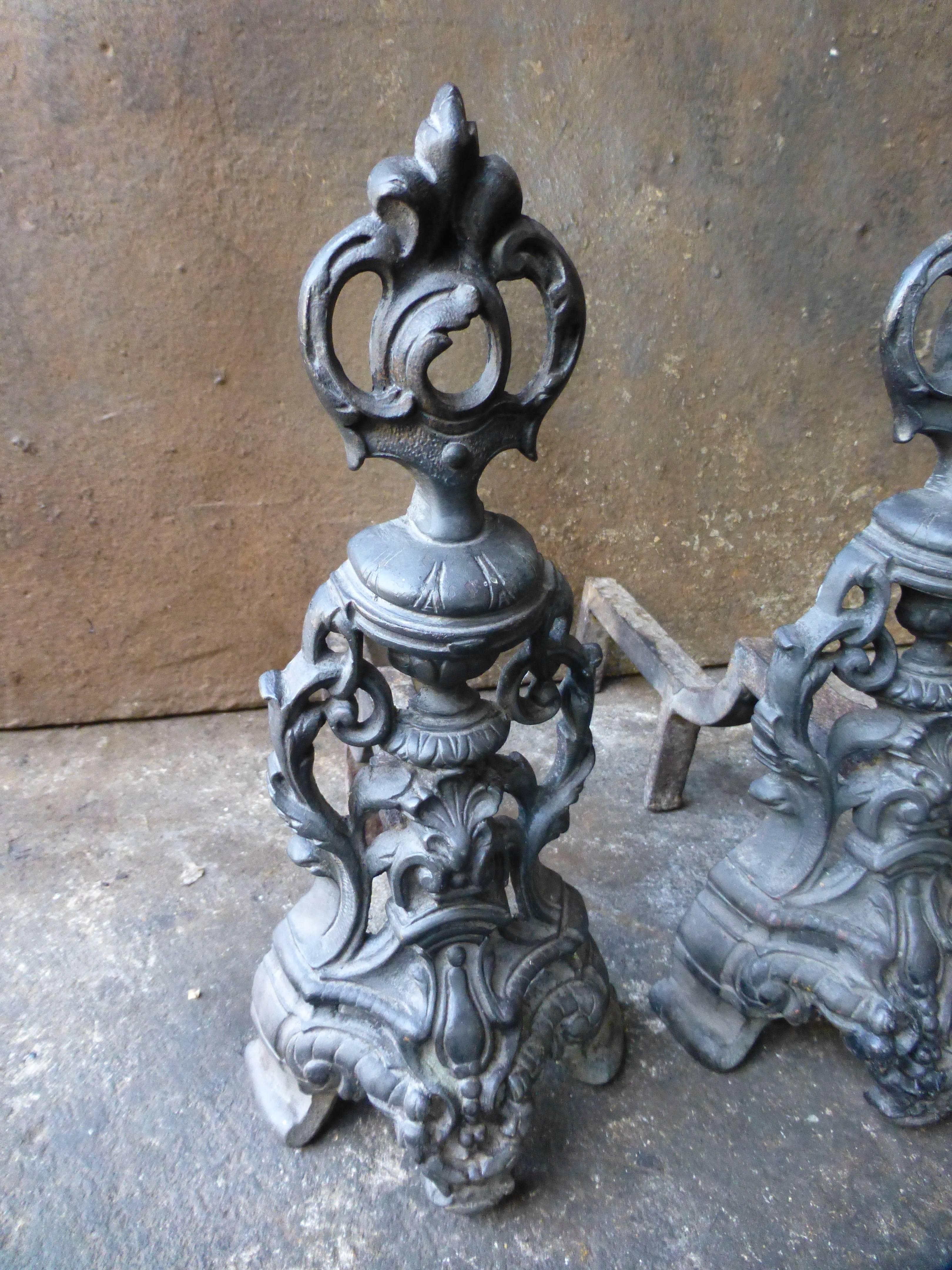 Brass French Style Louis XV, Rococo Andirons, Firedogs
