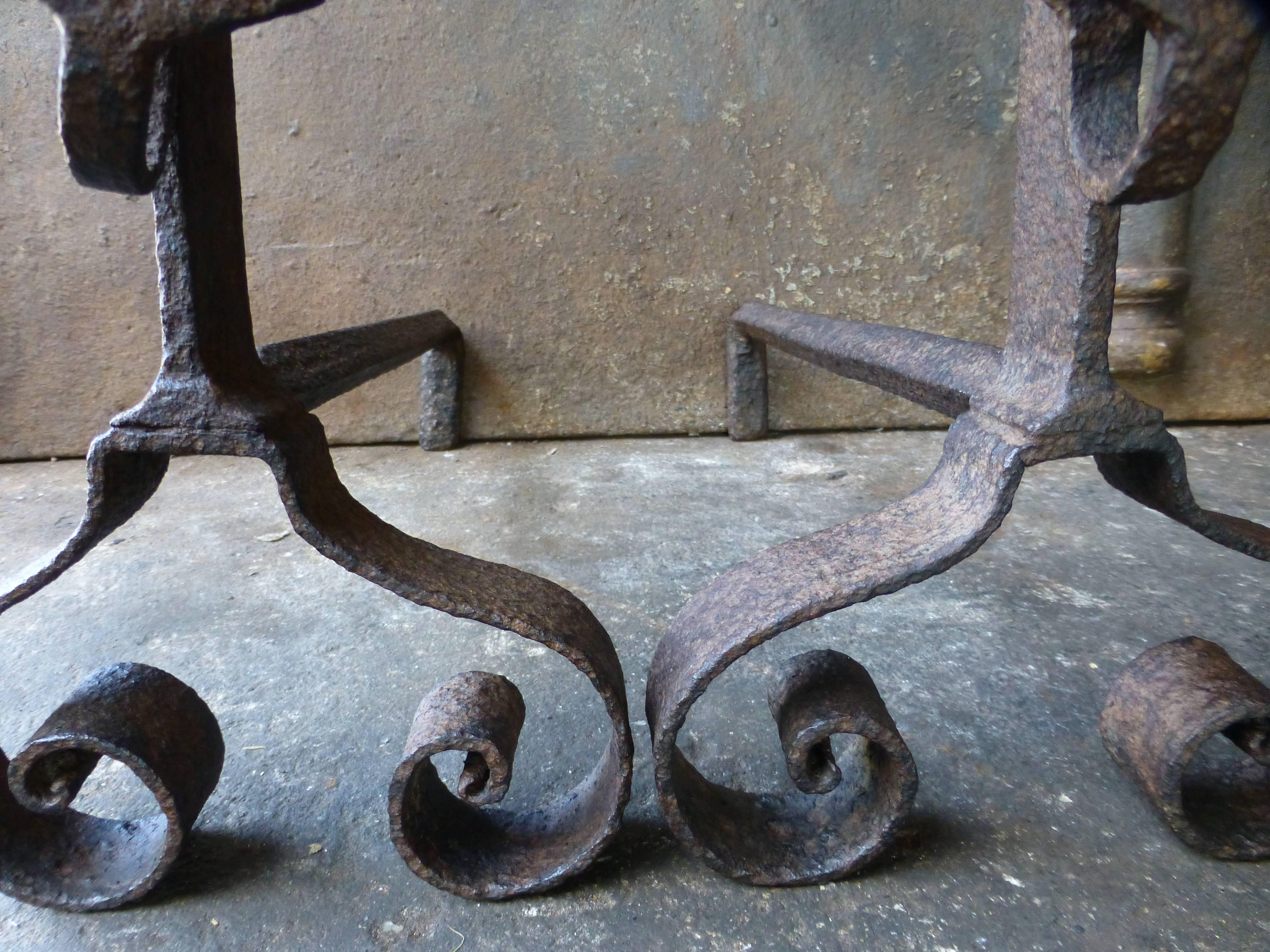 Wrought Iron 18th Century French Andirons, Firedogs