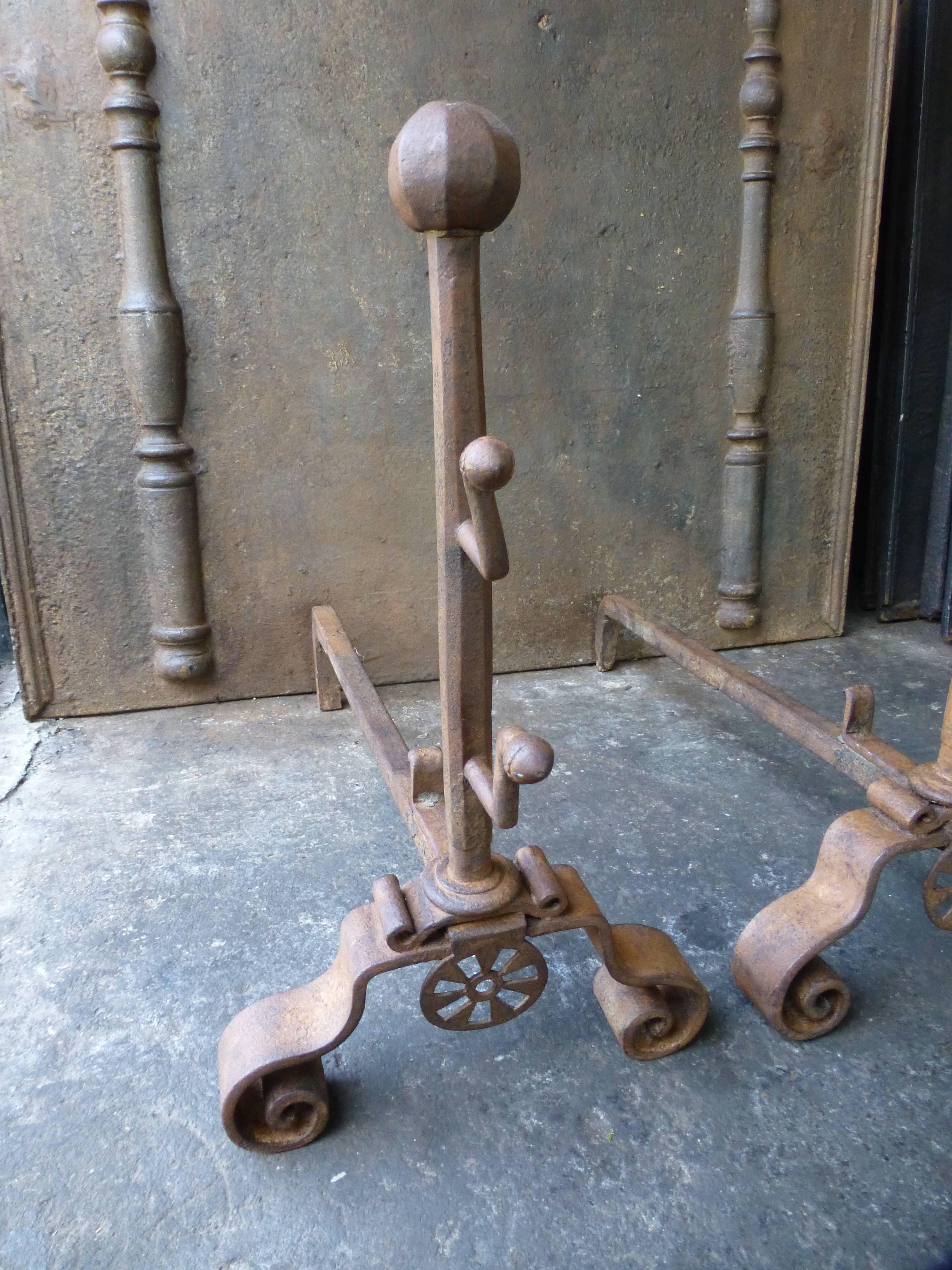Forged 18th Century French Louis XV Andirons, Firedogs For Sale