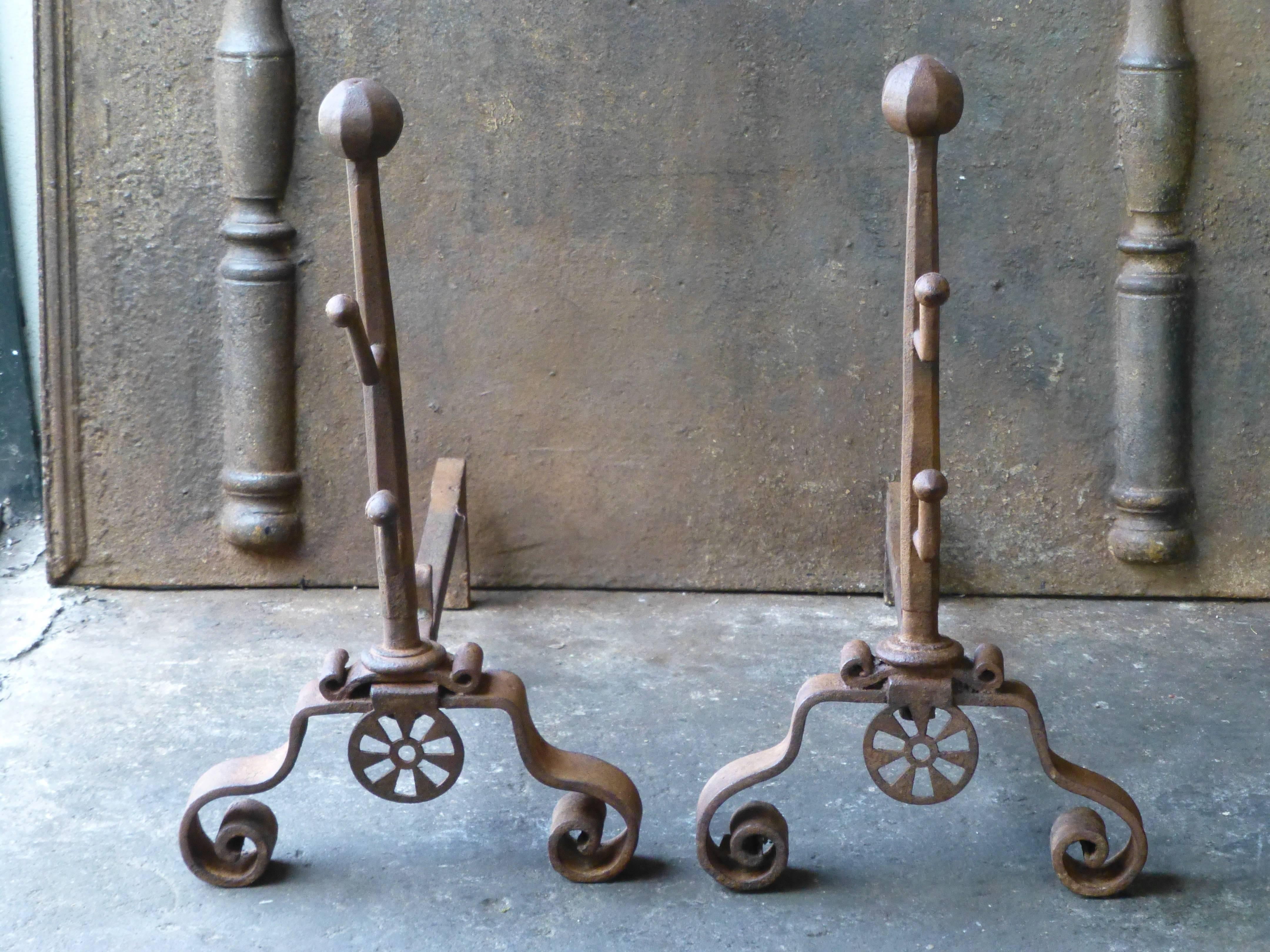 18th century French firedogs, andirons made of wrought iron. The condition is good.