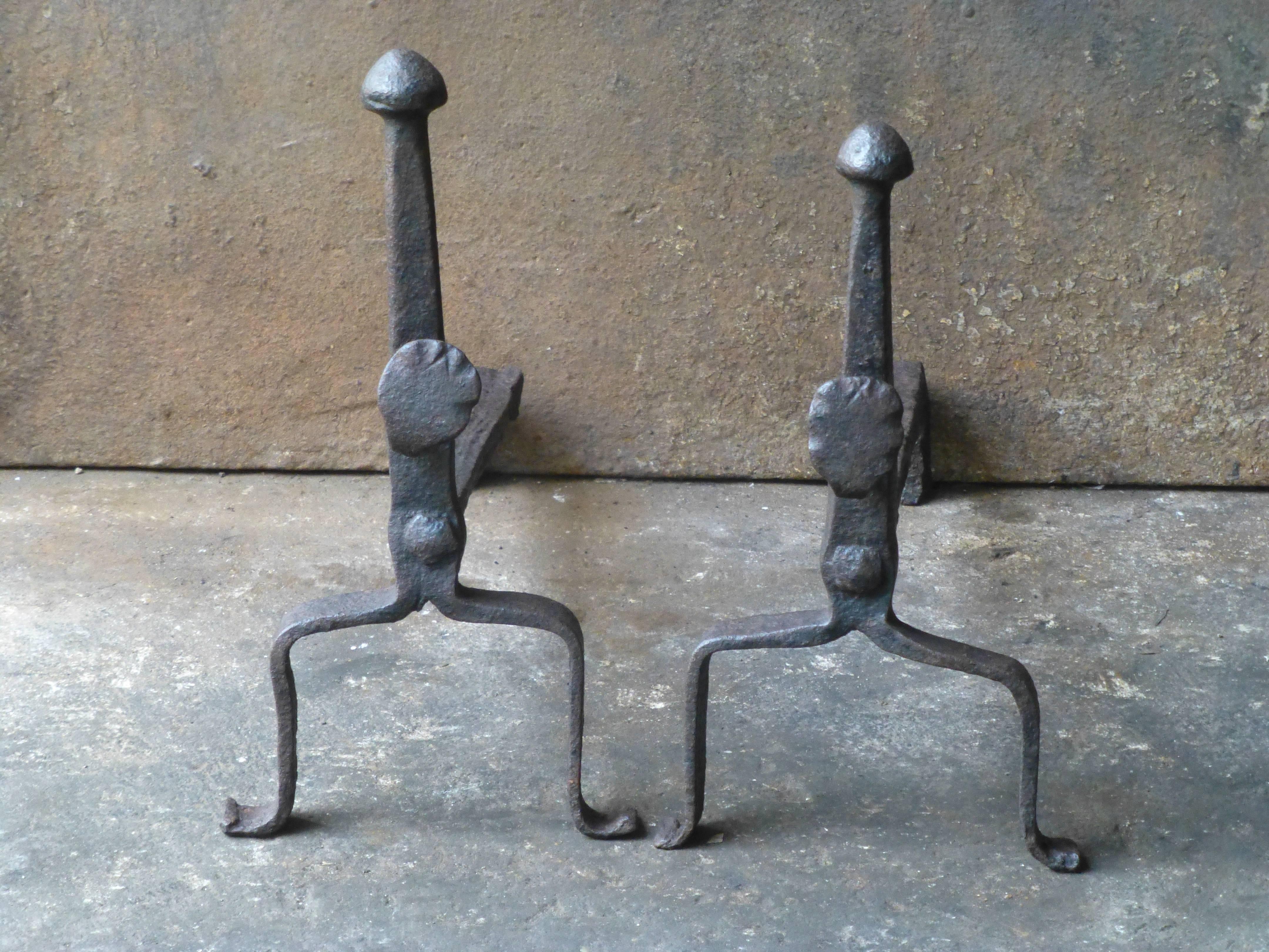 17th century Gothic firedogs - andirons made of wrought iron.