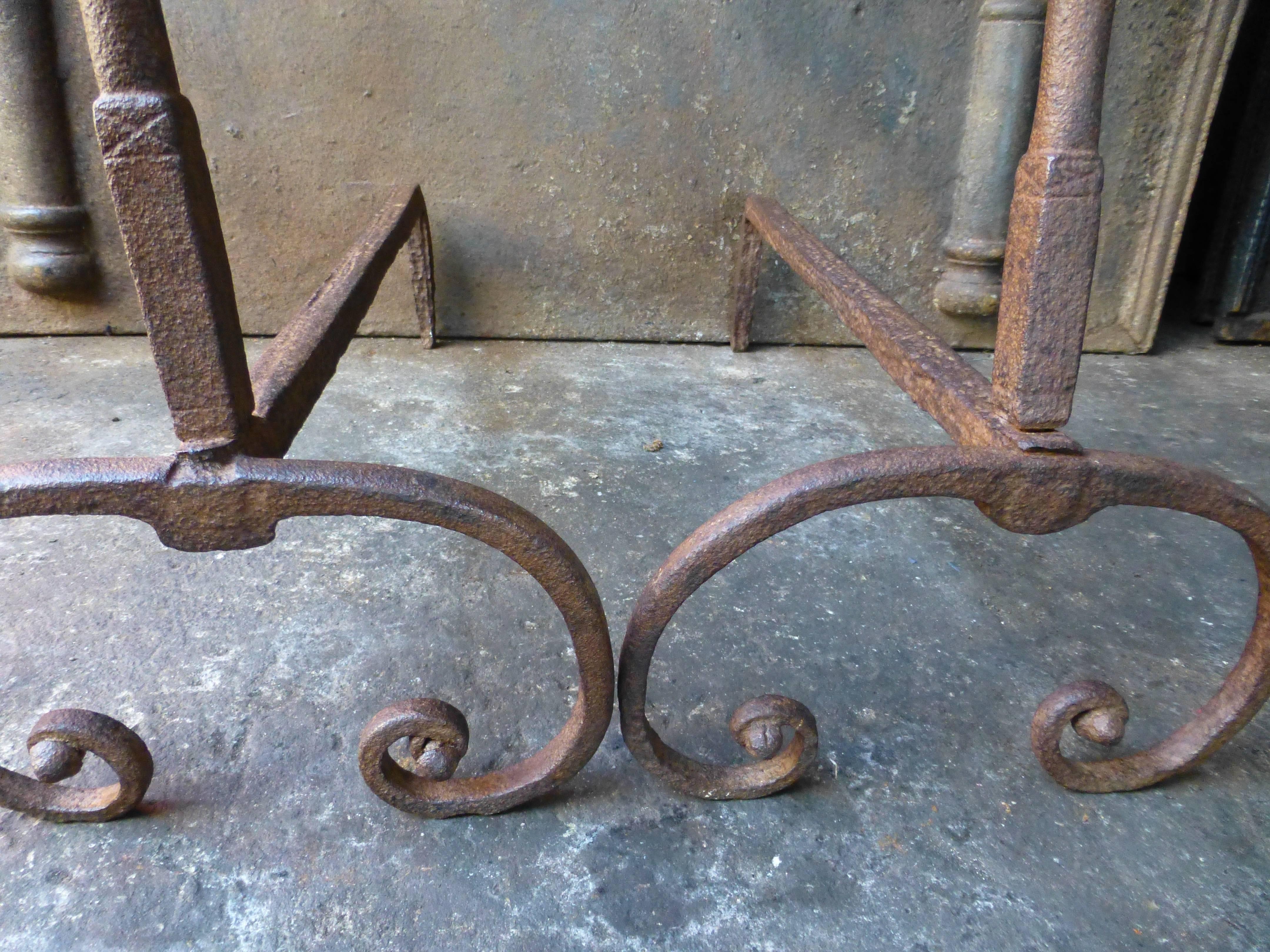 Wrought Iron 18th Century French Andirons, Firedogs