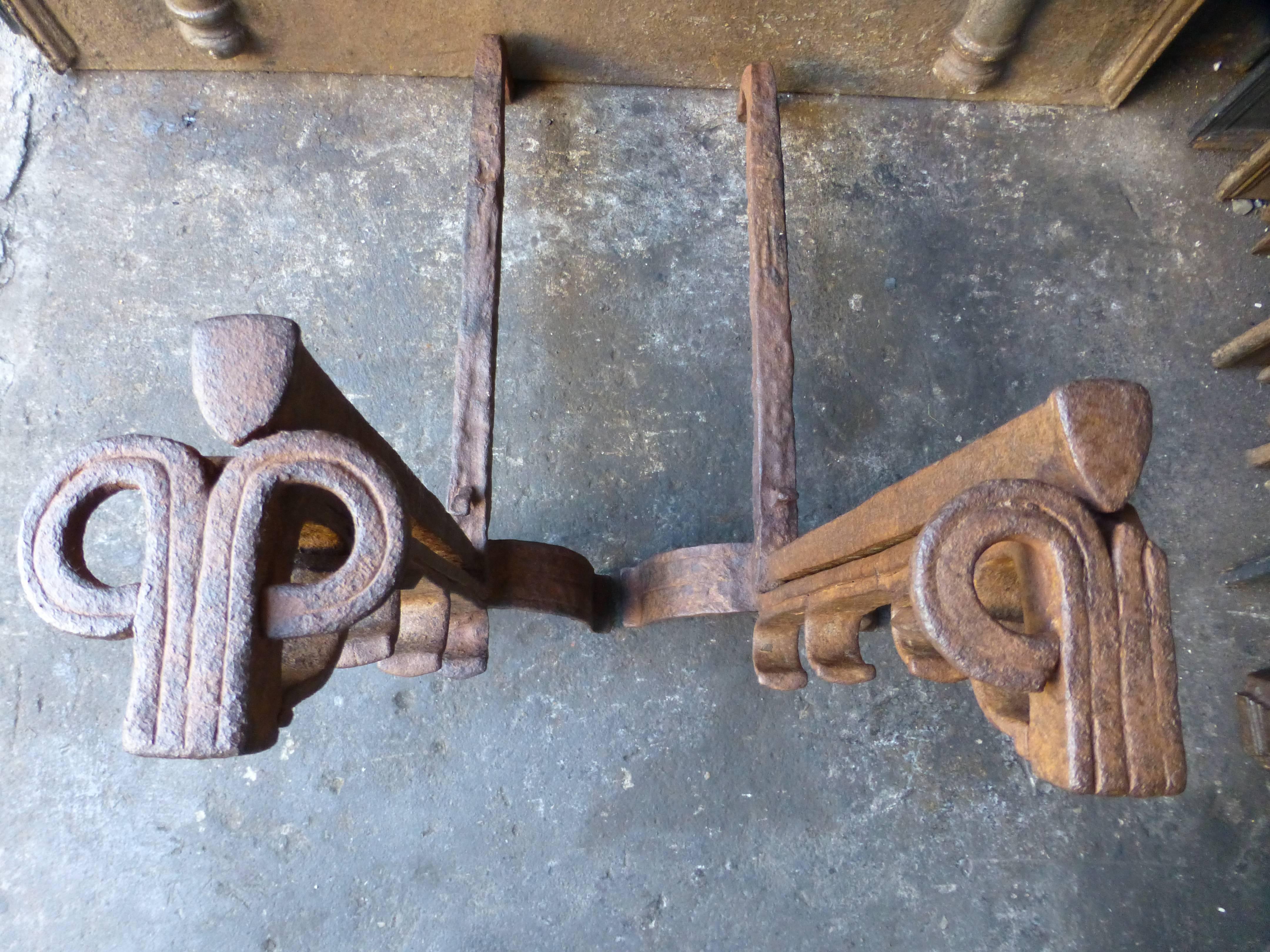 17th Century Large Gothic Bulls Head Firedogs, Andirons For Sale 3