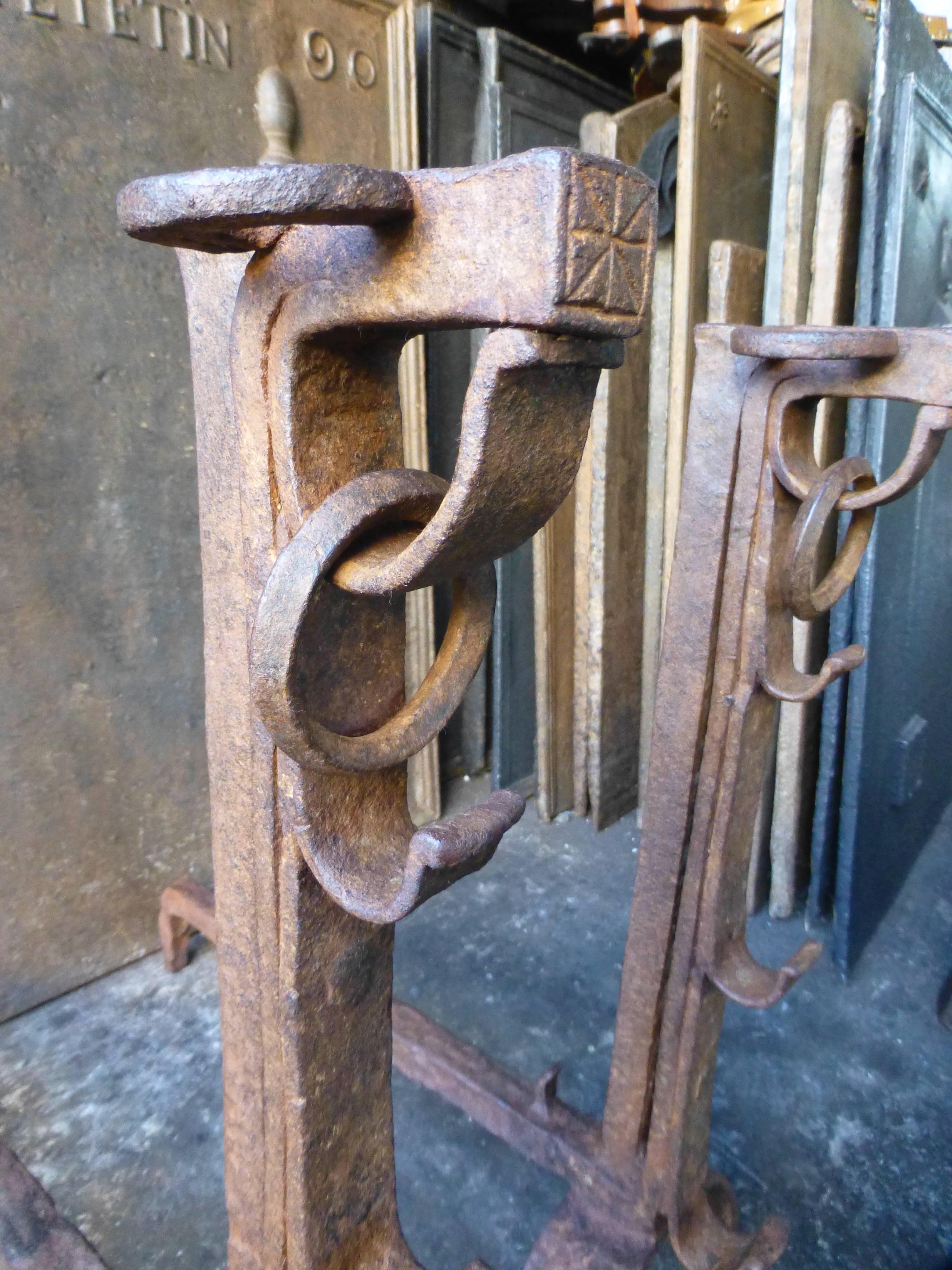 French 17th Century Large Gothic Bulls Head Firedogs, Andirons For Sale