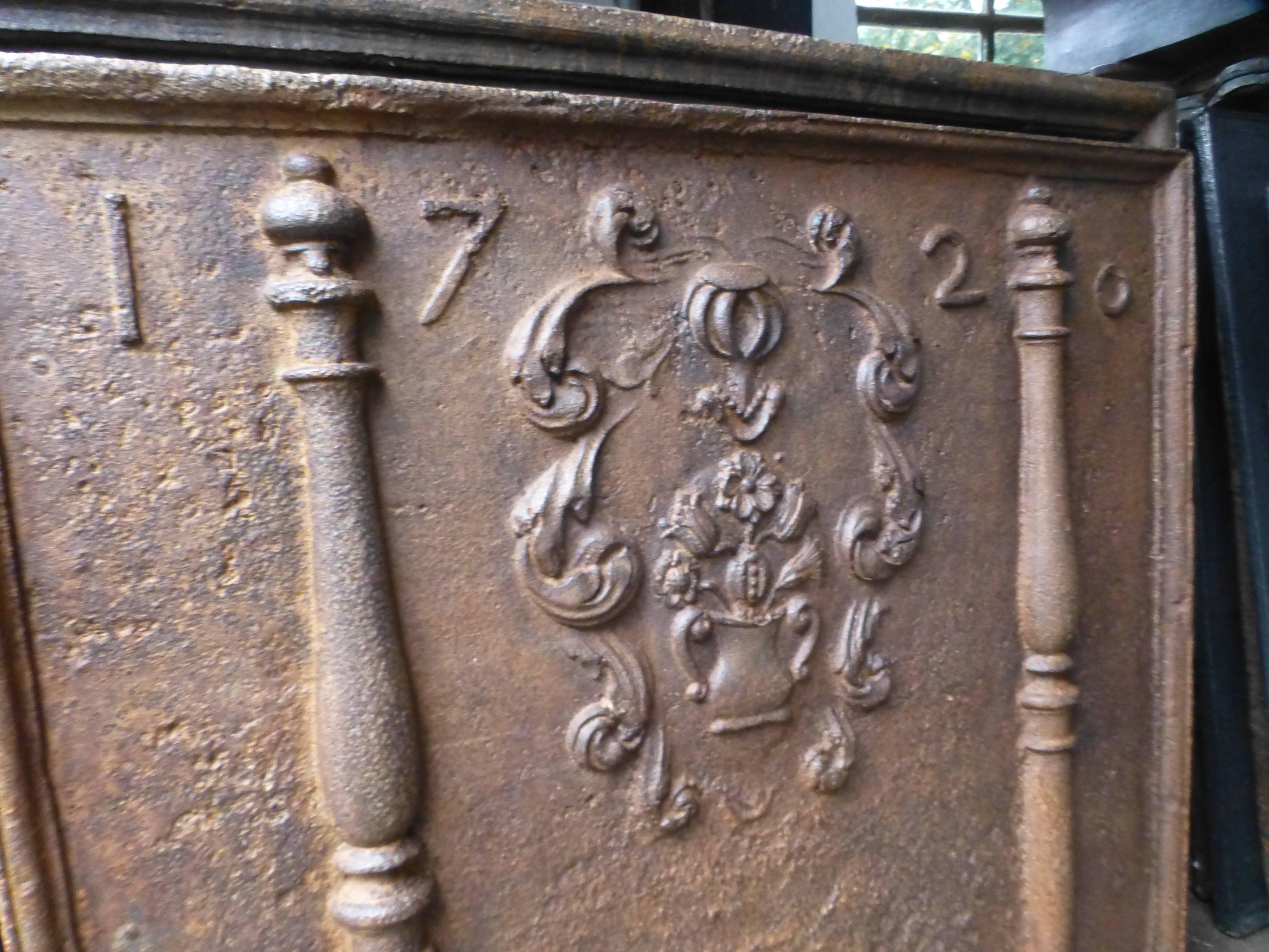 Cast Magnificent French 'Coat of Arms' Fireback / Backsplash, Dated 1720 For Sale