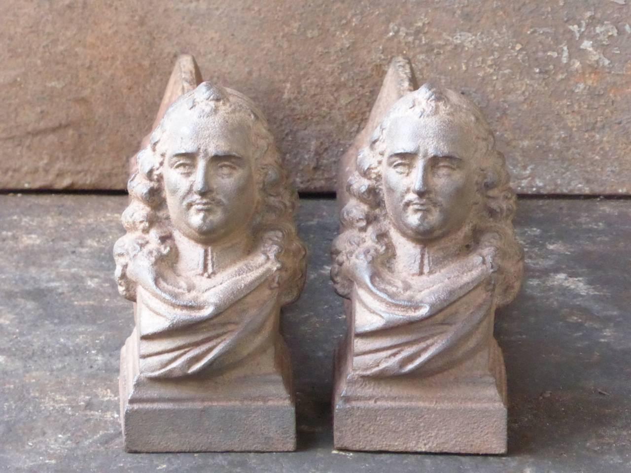 French 19th century andirons with the bust of a man. Napoleon III period. Made of cast iron. The condition is good