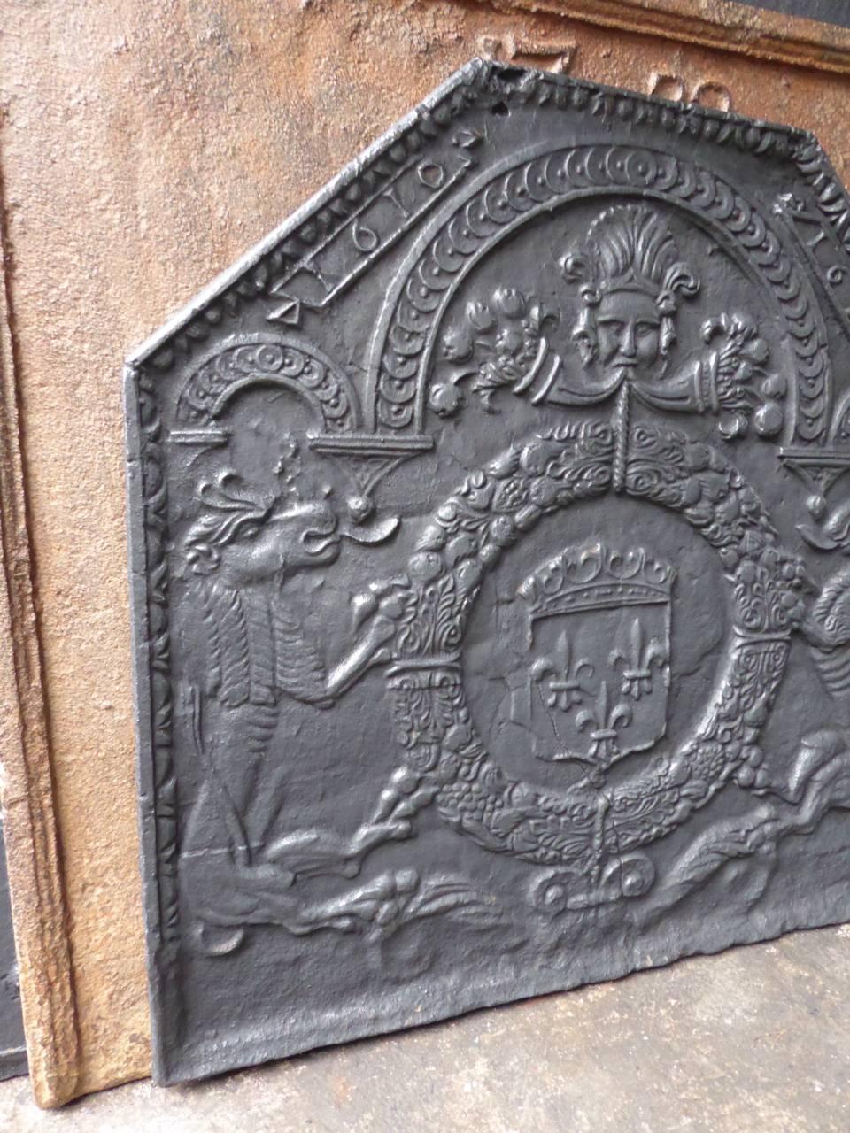 17th century fireback with the arms of France.

Coat of arms of the House of Bourbon, an originally French royal house that became a major dynasty in Europe. It delivered kings for Spain (Navarra), France, both Sicilies and Parma. Bourbon kings