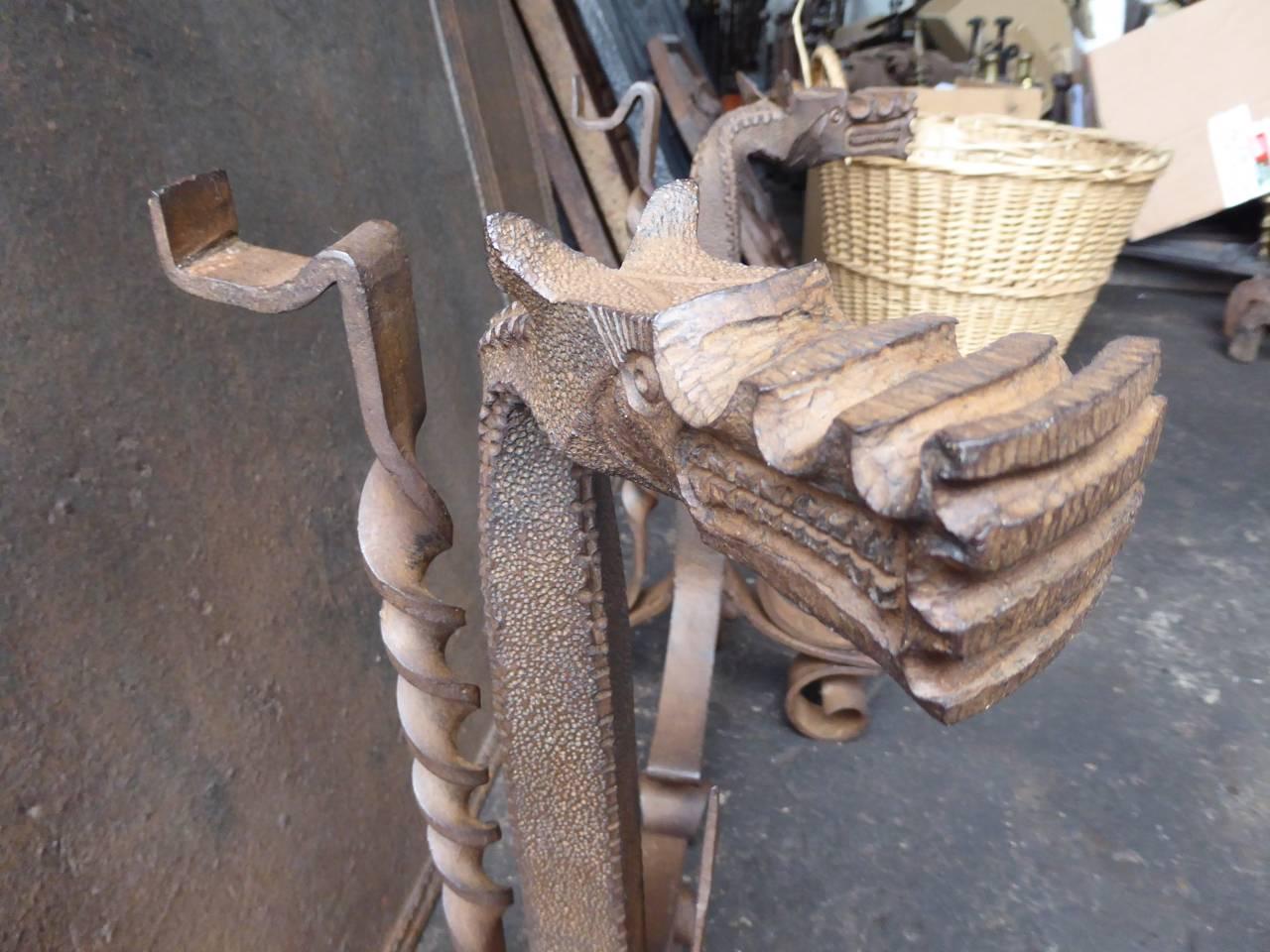 Wrought Iron 19th-20th Century Dutch Decorative Firedogs or Andirons For Sale