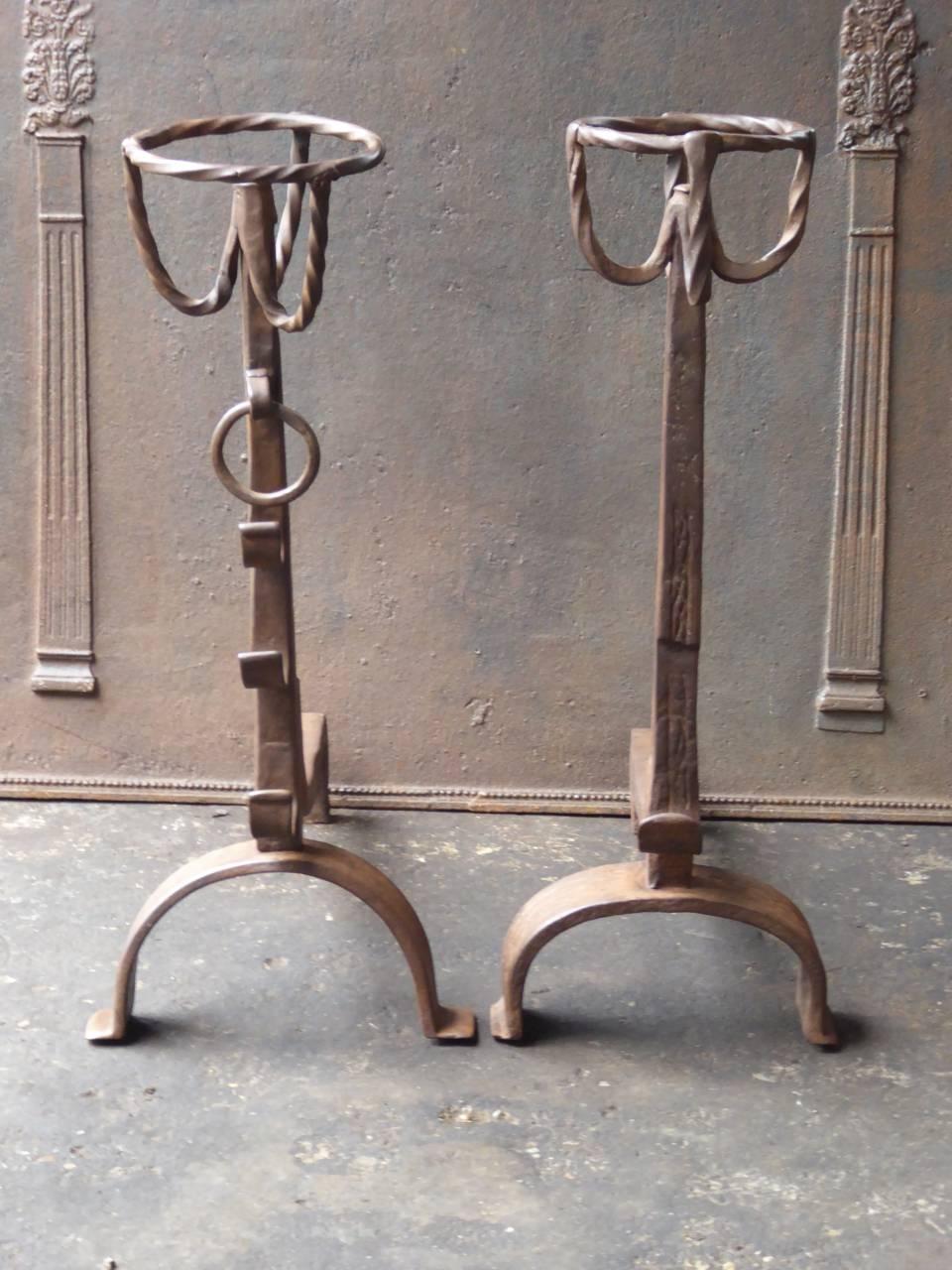 17th-18th century French Gothic andirons made of wrought iron.