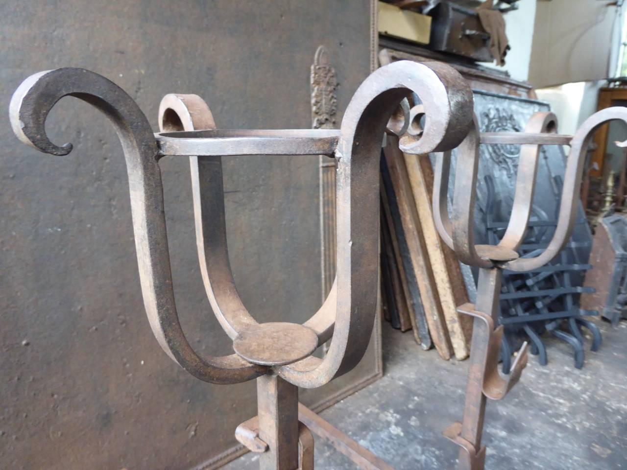Forged French Wrought Iron Cup Dogs or Andirons For Sale