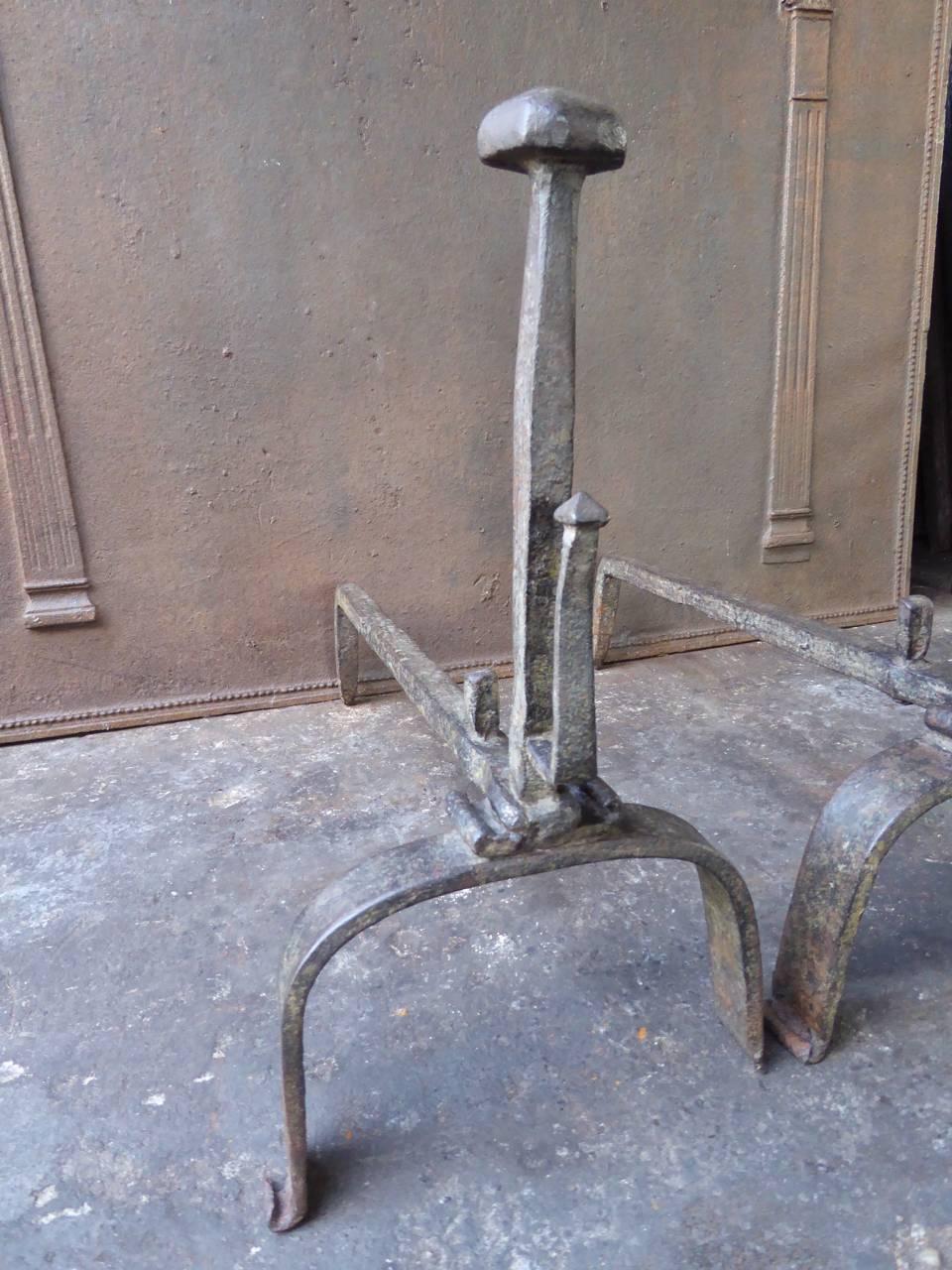 Wrought Iron 17th-18th Century French Gothic Firedogs, Andirons For Sale