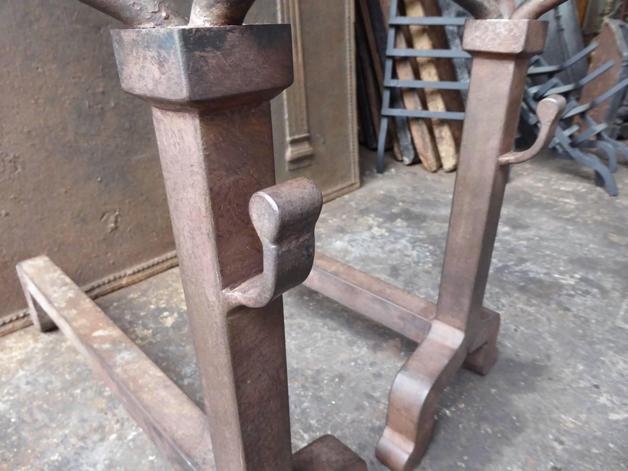 20th Century French Wrought Iron Cup Dogs or Andirons