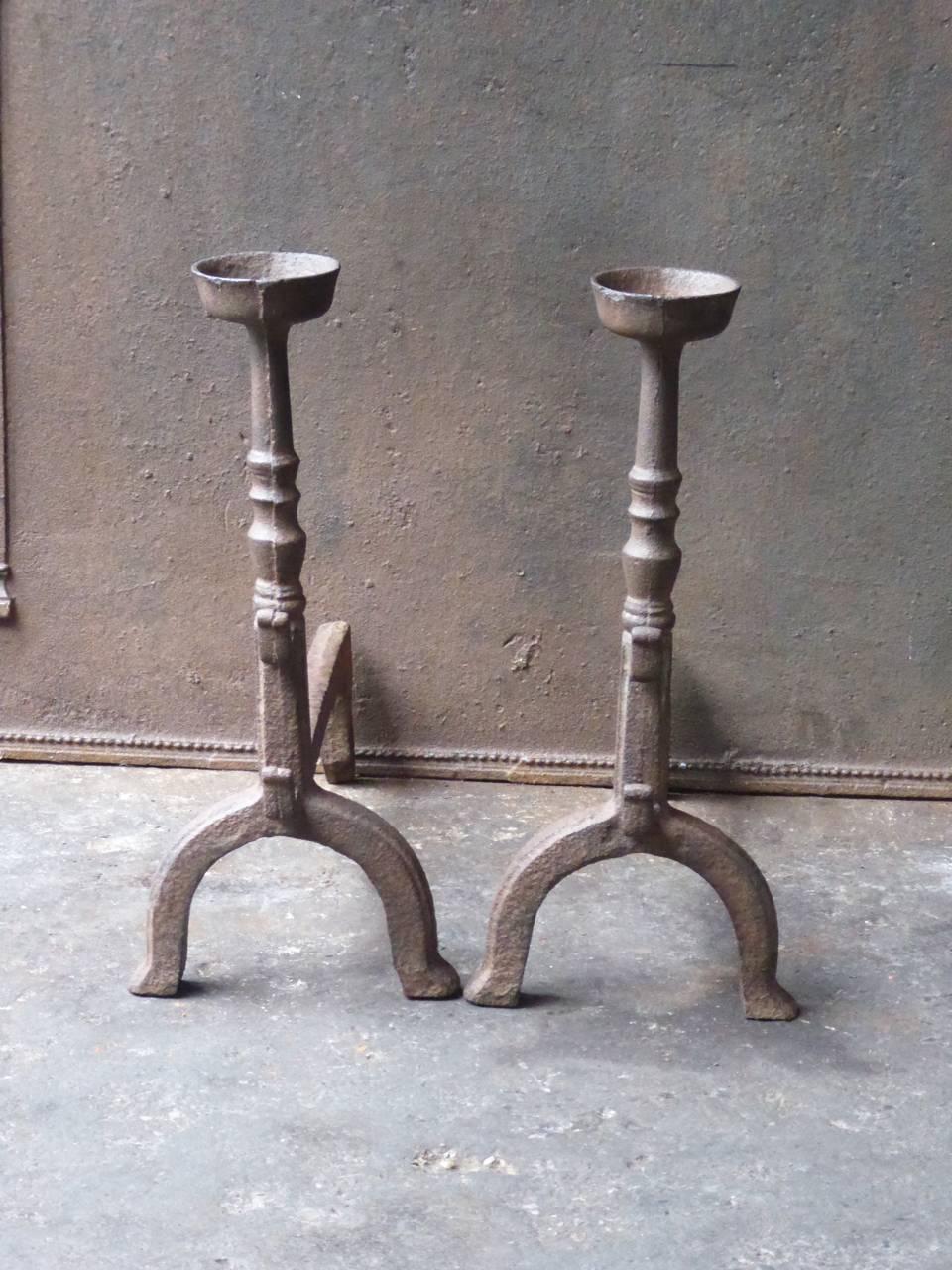 18th-19th century French Gothic andirons, firedogs made of cast iron.