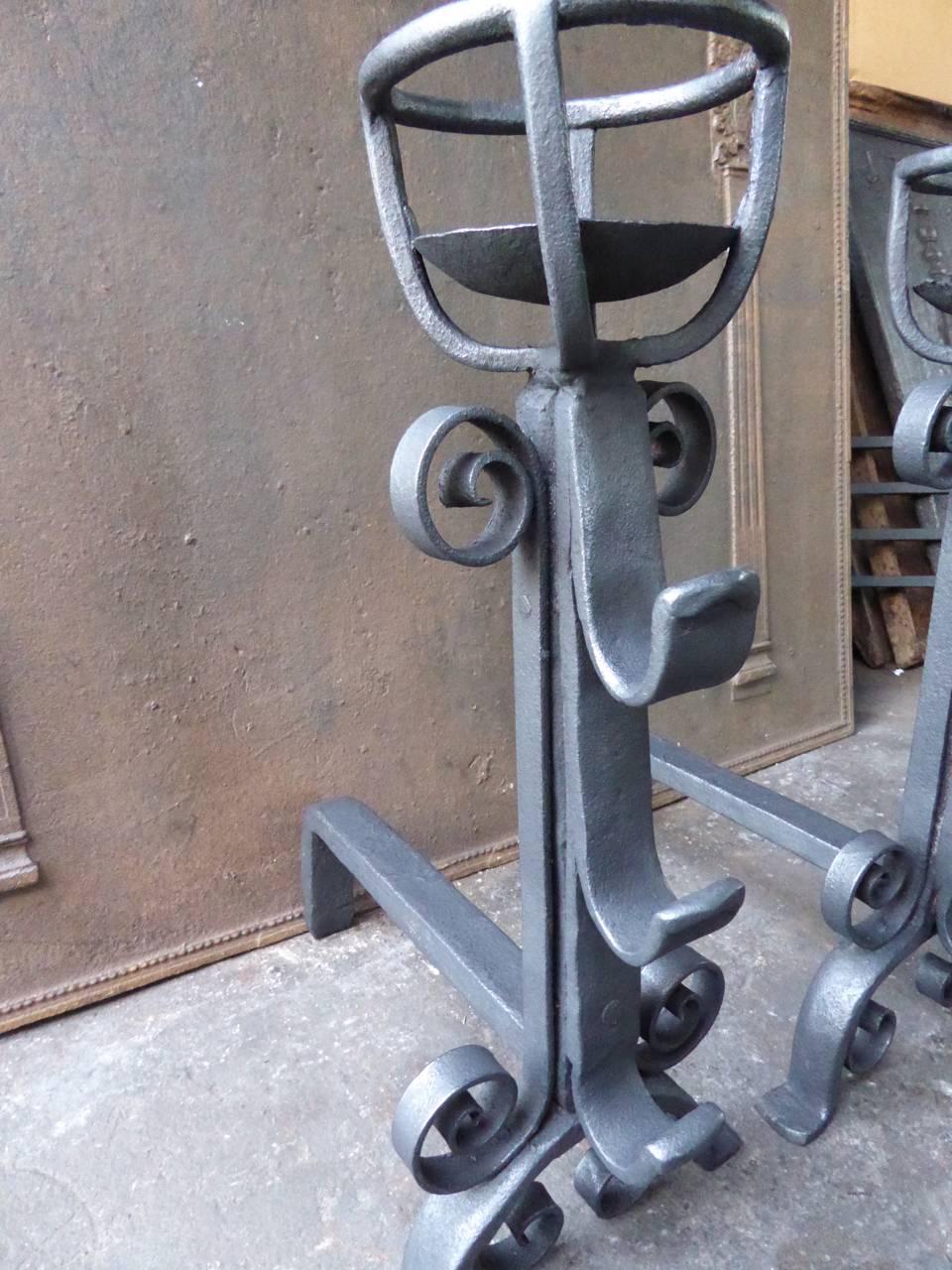 Wrought Iron French Cup Dogs or Andirons