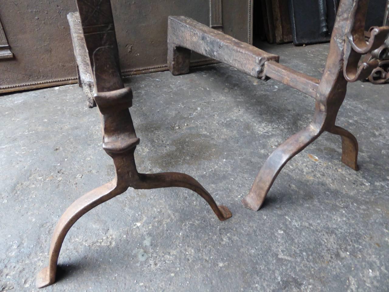 Wrought Iron 17th Century Magnificent French Gothic Firedogs or Andirons For Sale
