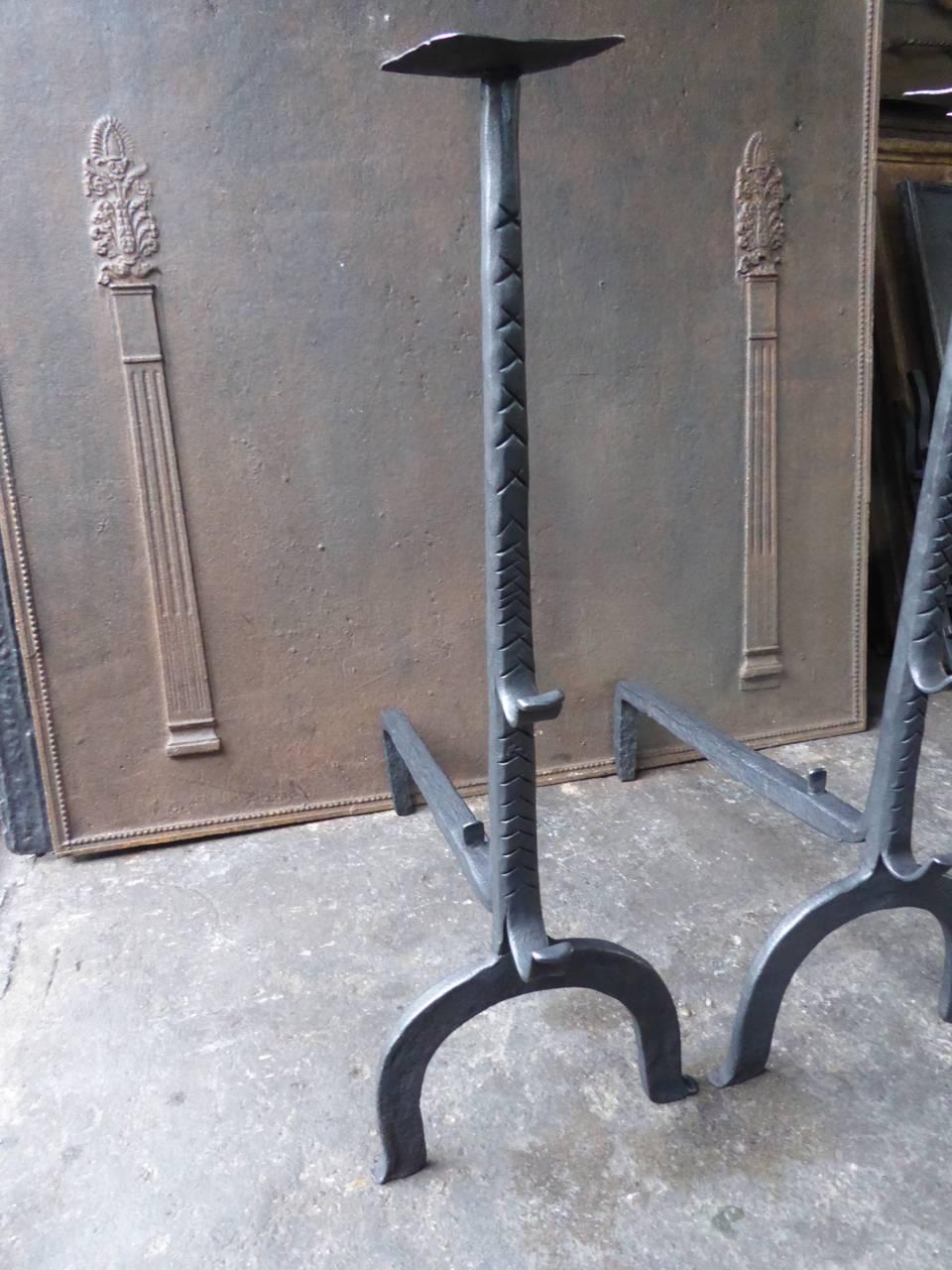 Forged 17th-18th Century Large Gothic Style Firedogs or Andirons For Sale