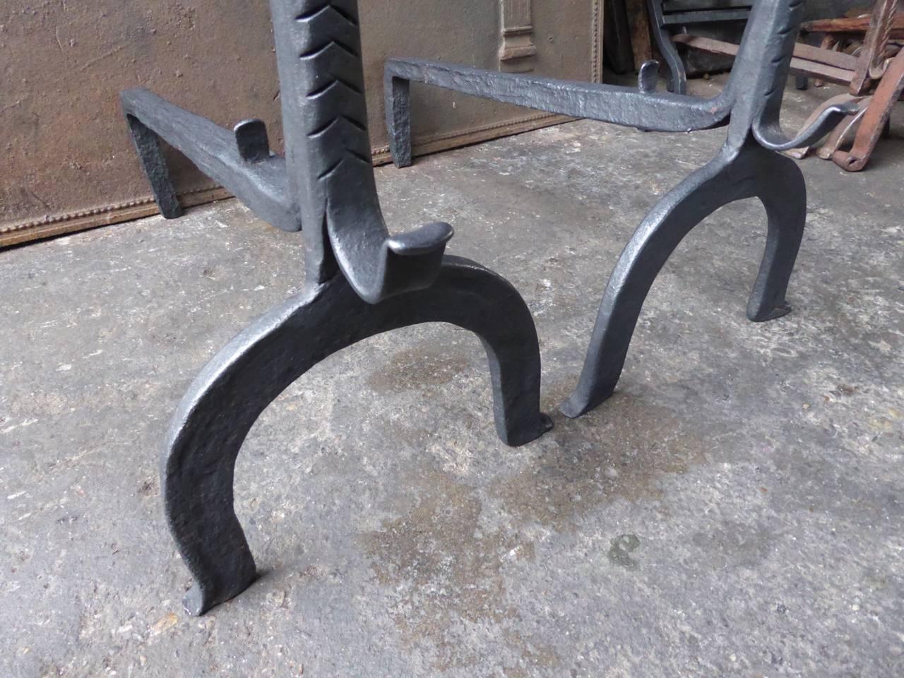 Wrought Iron 17th-18th Century Large Gothic Style Firedogs or Andirons For Sale