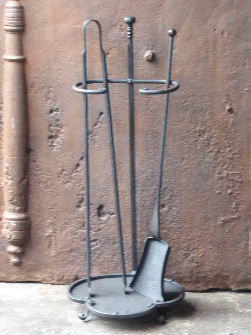 19th century French fireplace tool set, fire irons made of wrought iron.
