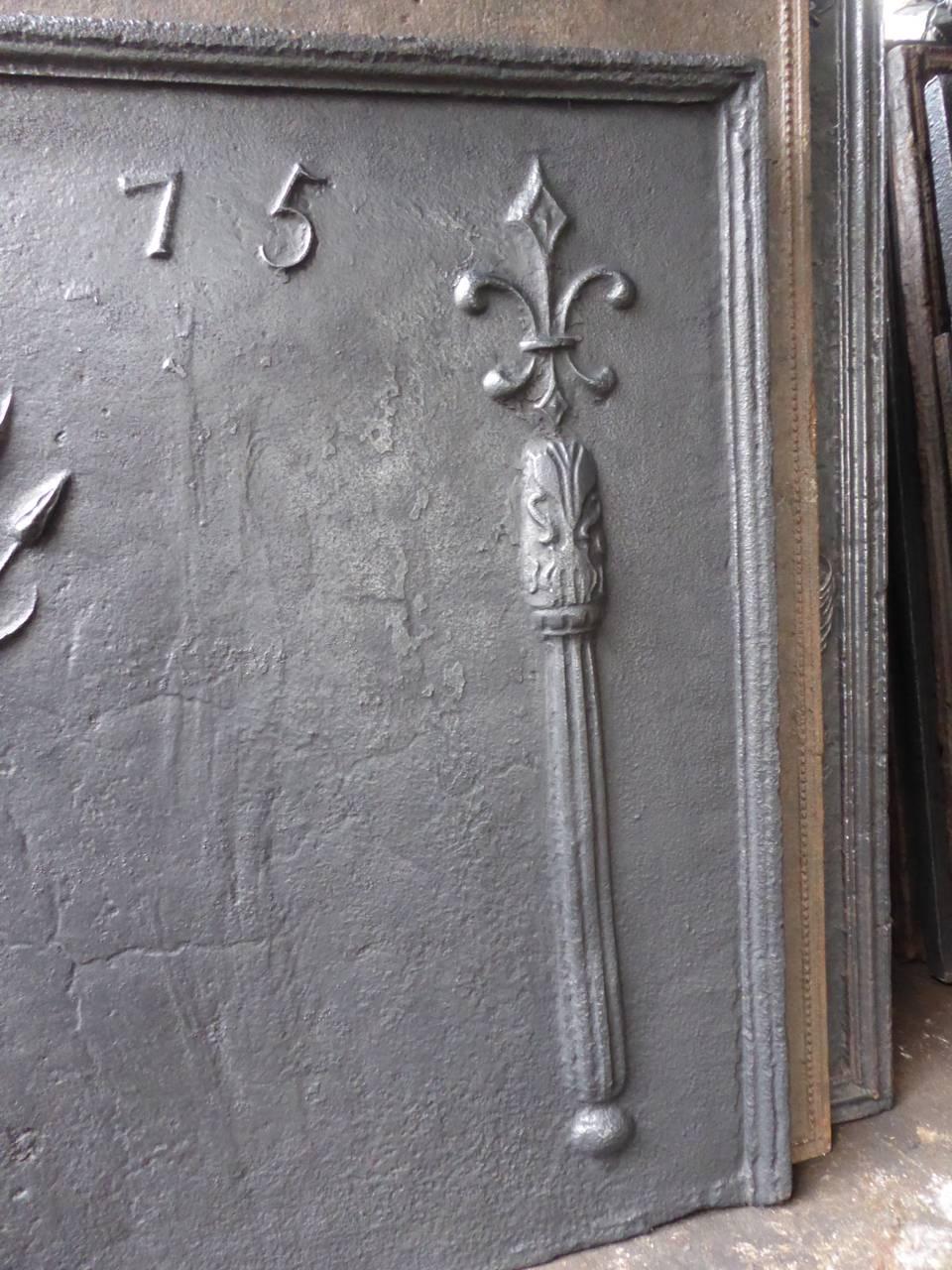Cast 18th Century French 'Pillars with Fleur-de-Lys and Flower' Fireback