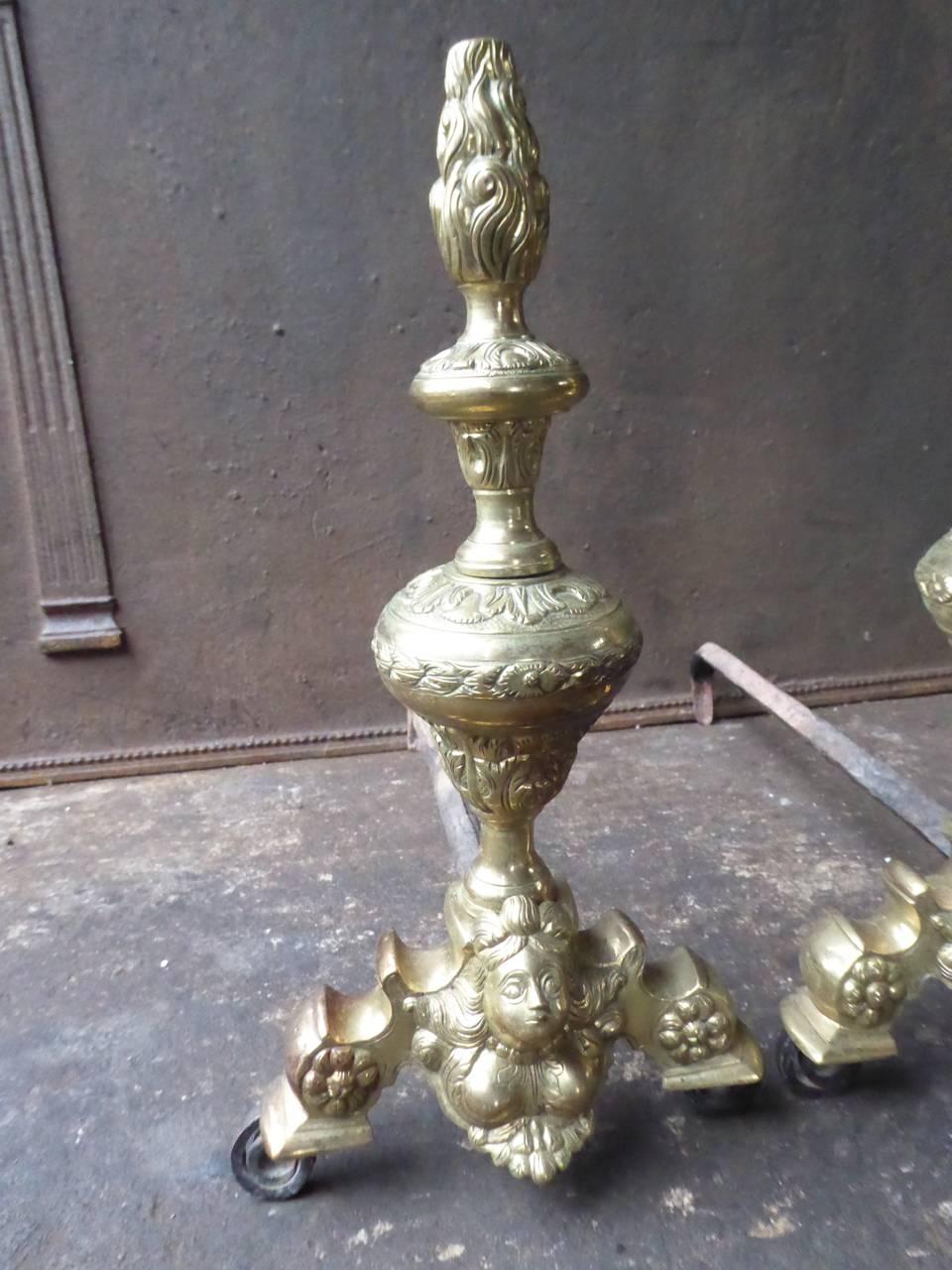 Polished 19th Century French Louis XIV Style Andirons or Firedogs For Sale