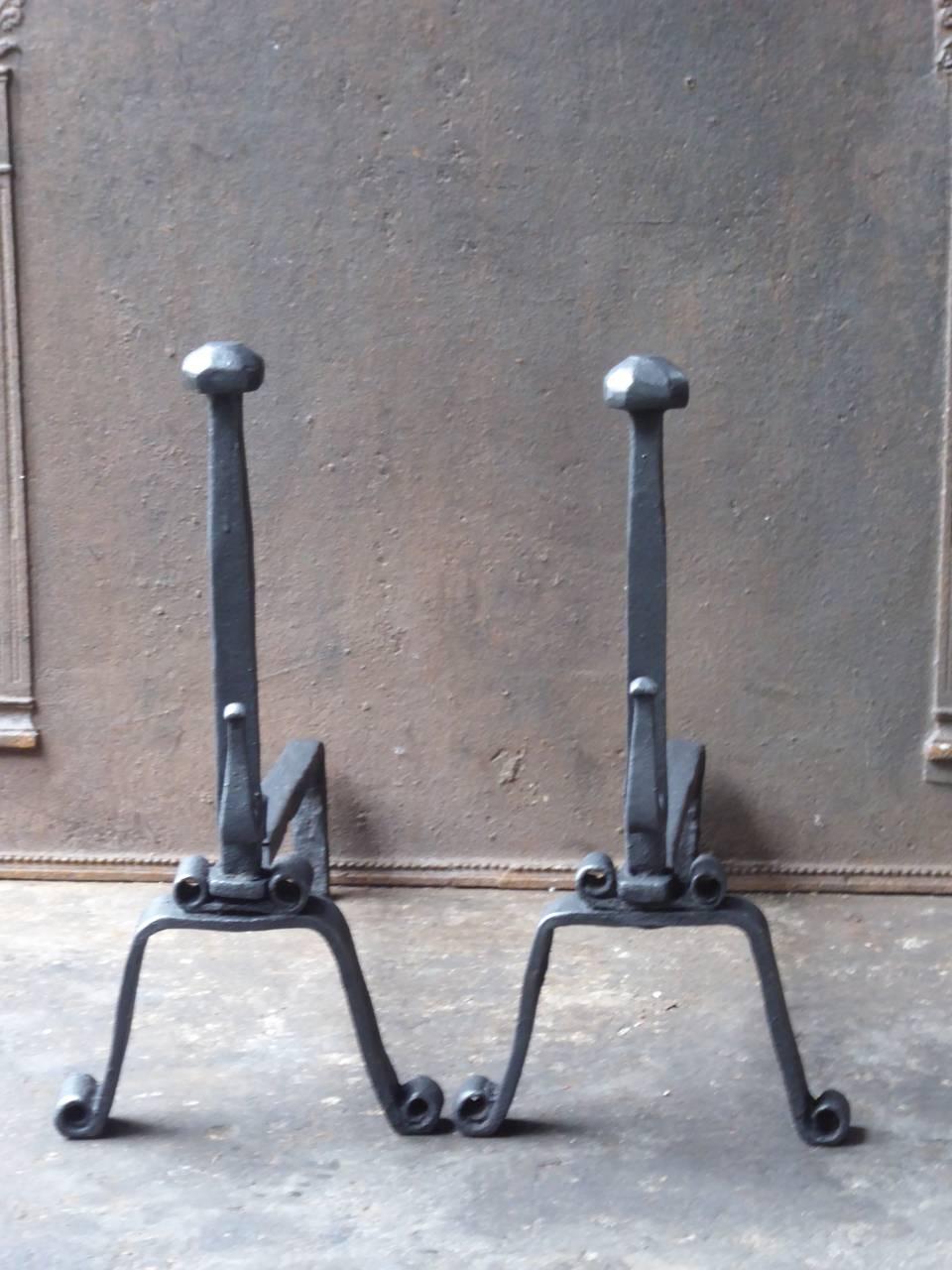 Forged 18th Century French Gothic Andirons or Firedogs