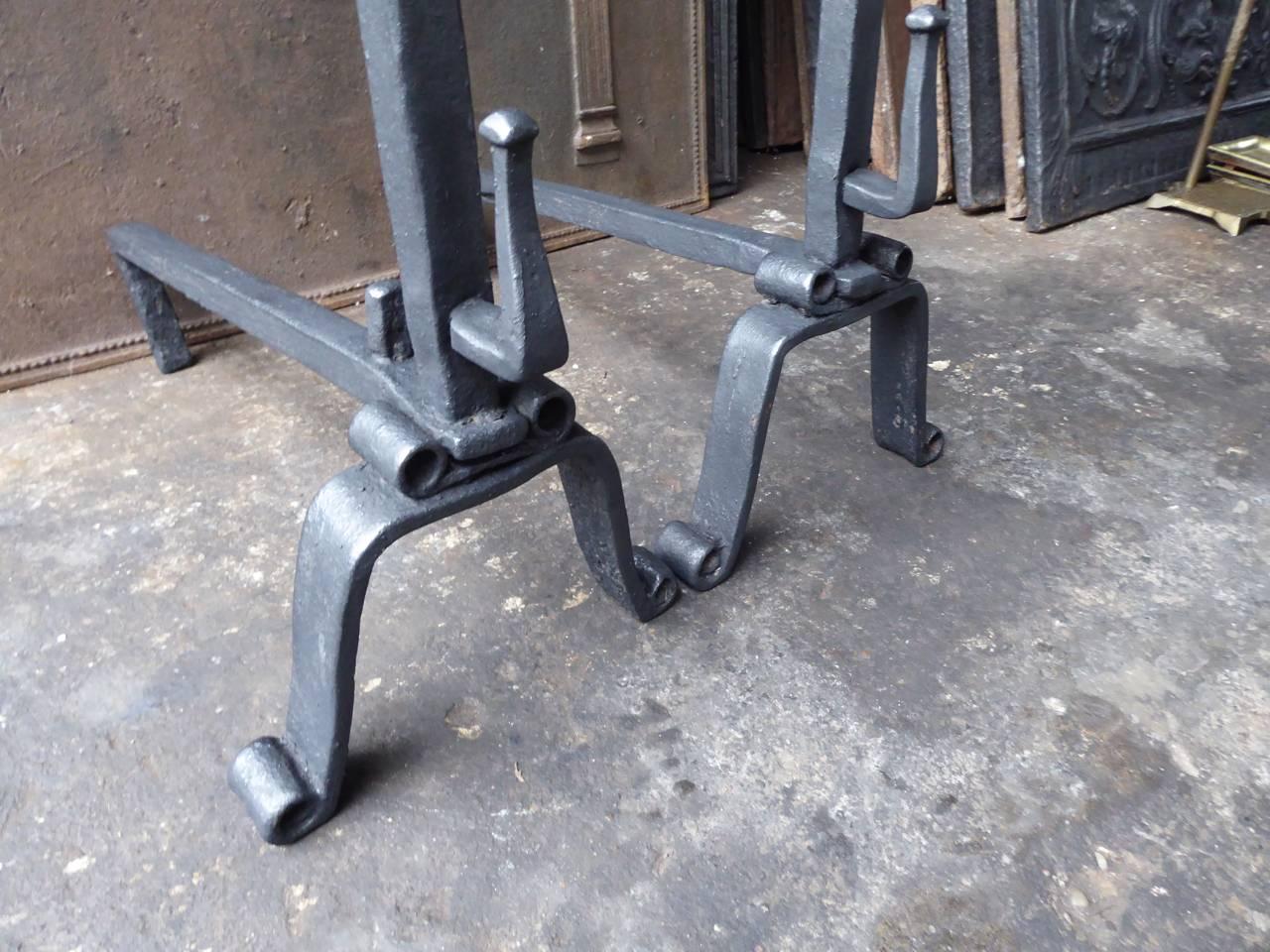 Wrought Iron 18th Century French Gothic Andirons or Firedogs