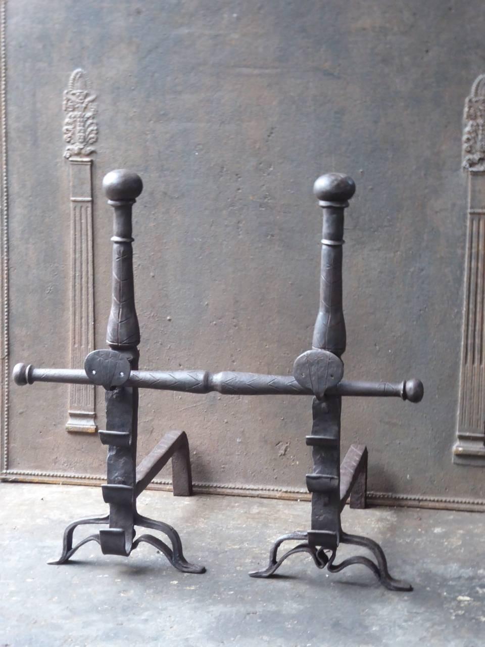 French 17th Century Large Louis XIII Andirons or Firedogs