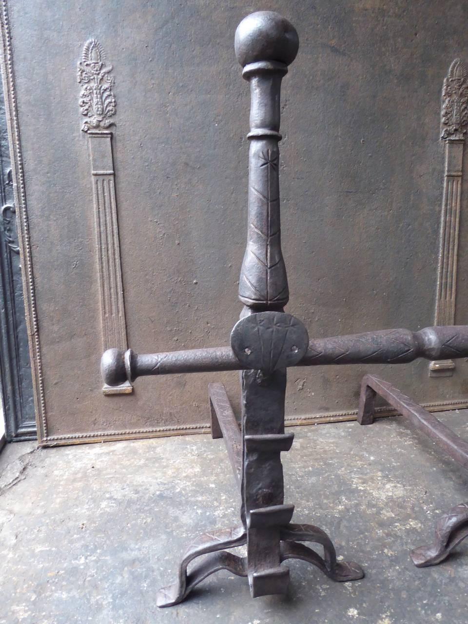 Forged 17th Century Large Louis XIII Andirons or Firedogs