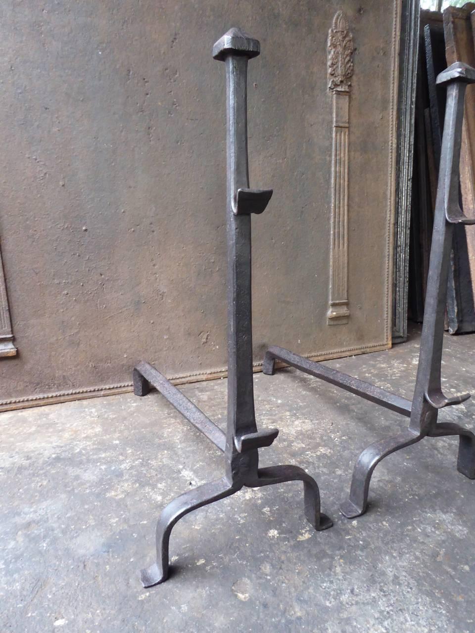 Wrought Iron 17th Century French Gothic Andirons or Firedogs