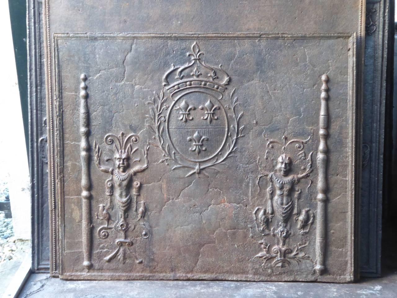 17th century French fireplace fireback with the Arms of France and two decorated pillars.

We have a unique and specialized collection of antique and used fireplace accessories consisting of more than 1000 listings at 1stdibs. Amongst others, we