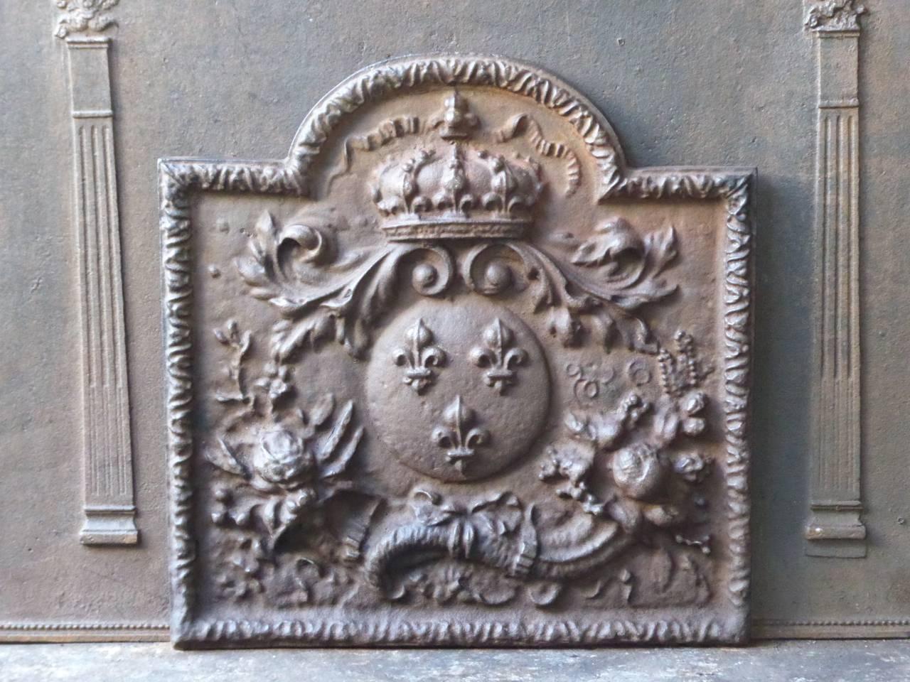 French fireplace fireback with the Arms of France.

Coat of arms of the House of Bourbon, an originally French royal house that became a major dynasty in Europe. It delivered kings for Spain (Navarra), France, both Sicilies and Parma. Bourbon