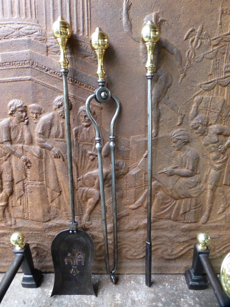 Brass Art Nouveau Fireplace Tool Set and Rests For Sale