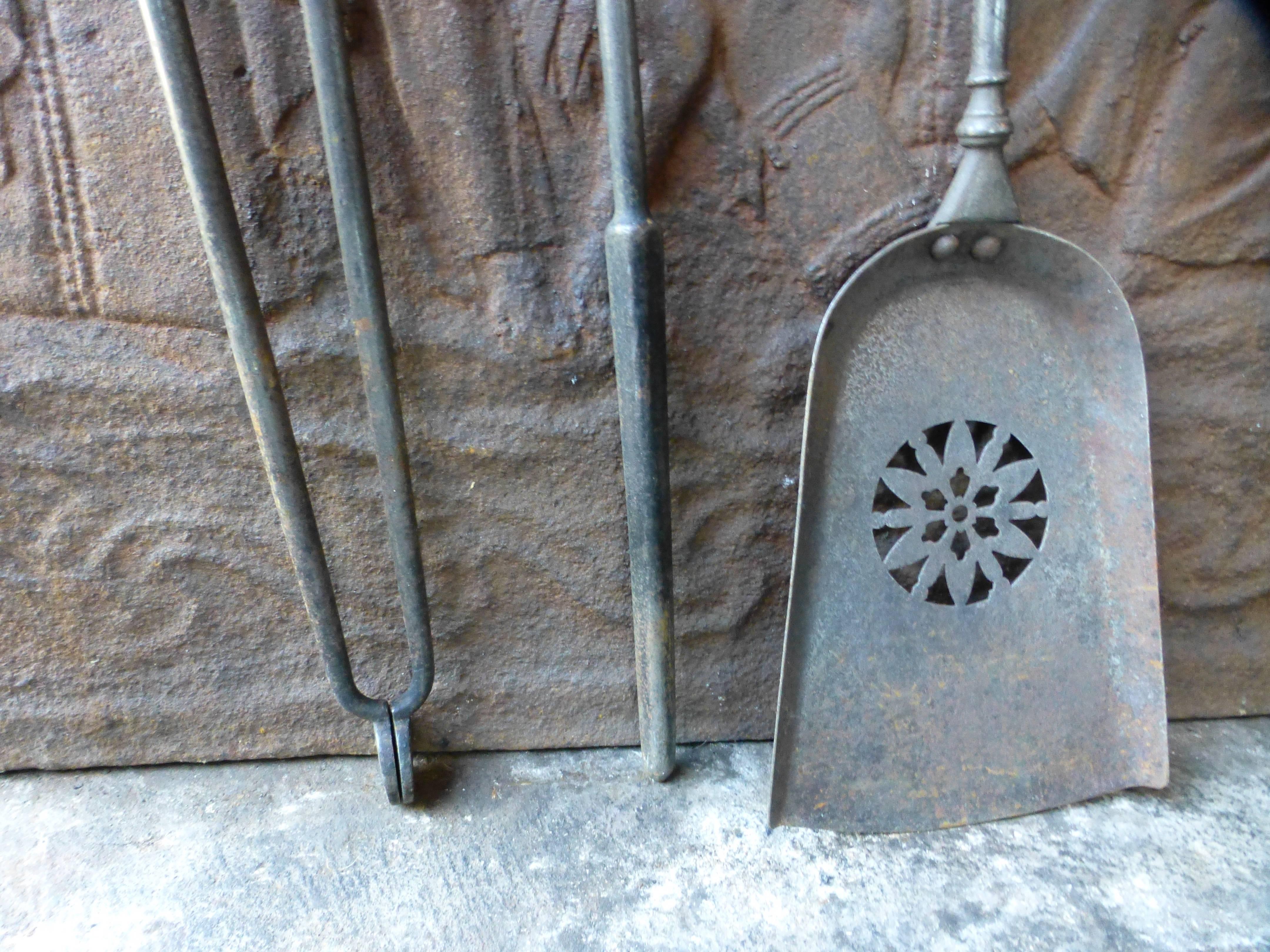 Antique Polished Steel Set of Fire Tools, Fireplace Tools In Good Condition In Amerongen, NL