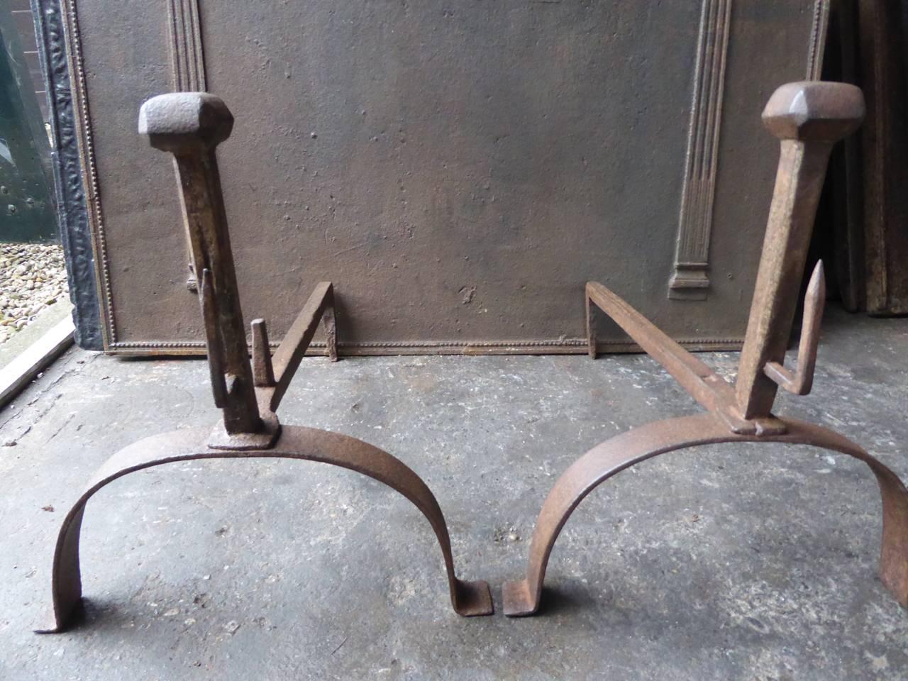 Forged Antique French Gothic Style Andirons or Firedogs, 18th Century For Sale