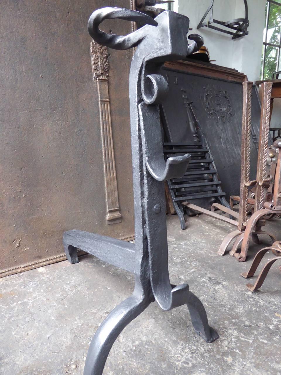 Wrought Iron Large French Gothic Firedogs or Andirons, 16th Century For Sale