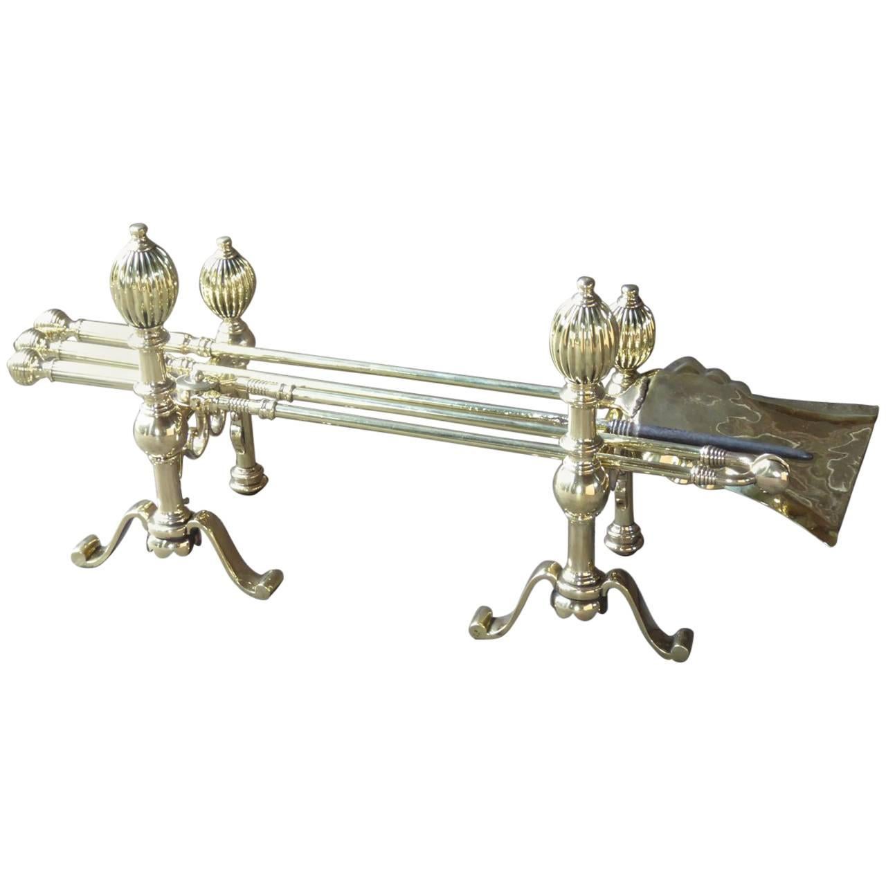 English Polished Brass Fireplace Tool Set, Companion Set