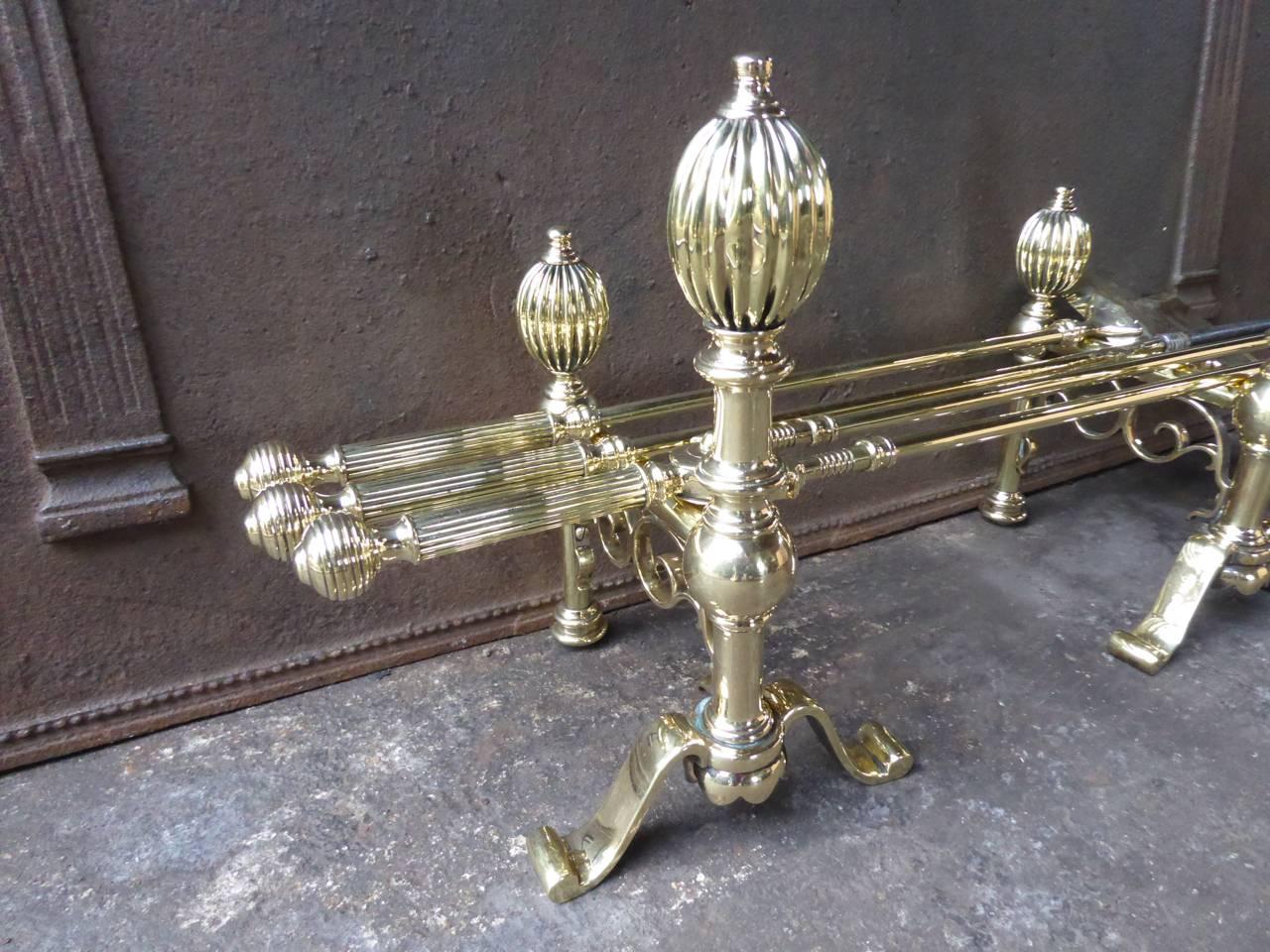 English Polished Brass Fireplace Tool Set, Companion Set 1