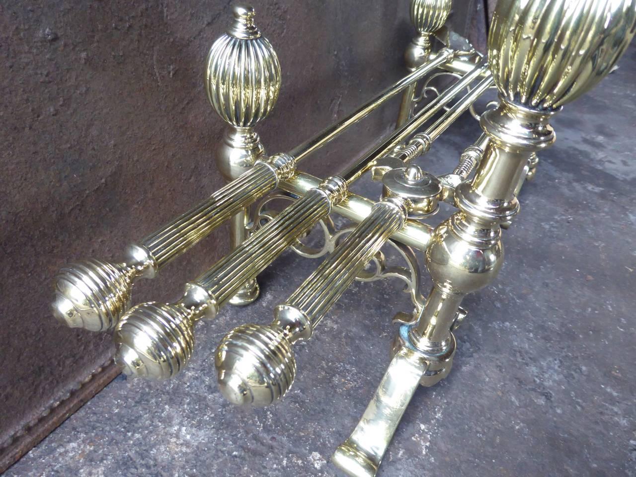 English Polished Brass Fireplace Tool Set, Companion Set 2