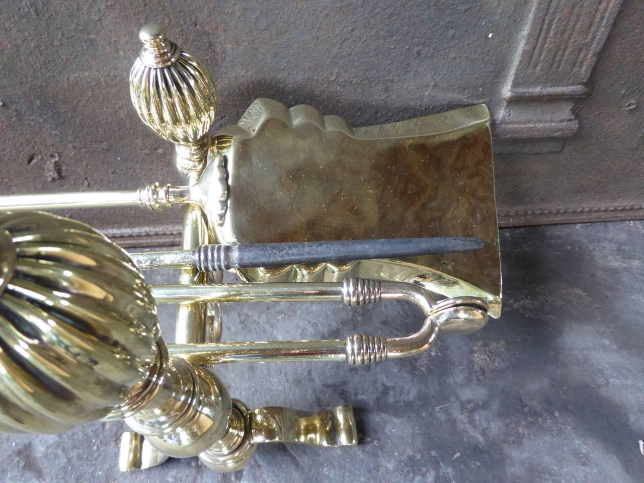 English Polished Brass Fireplace Tool Set, Companion Set 3