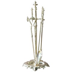 Antique Polished Brass English Fireplace Tools, 19th Century