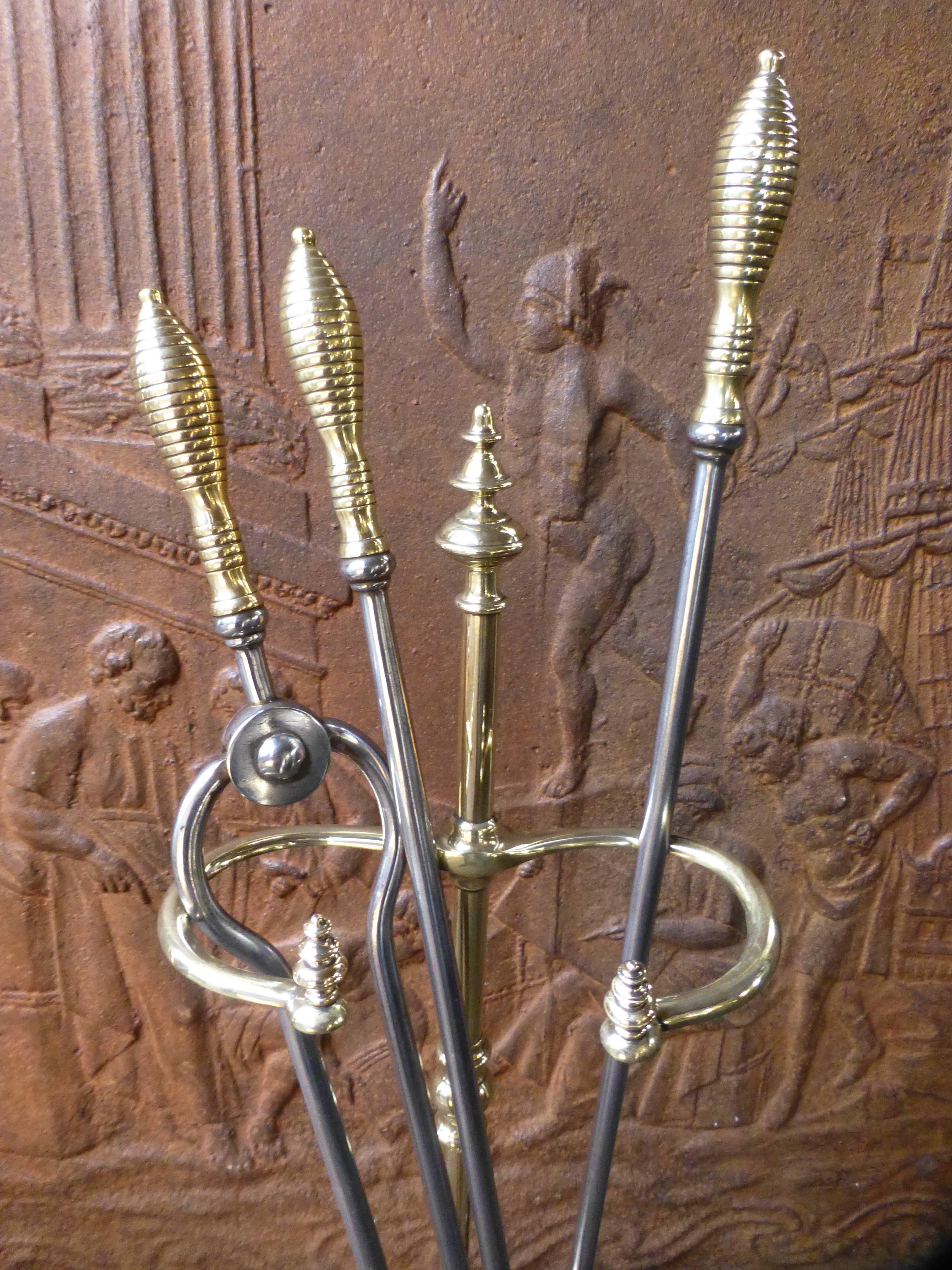 British Antique Polished Brass and Steel Fire Tool Set and Stand, 19th Century
