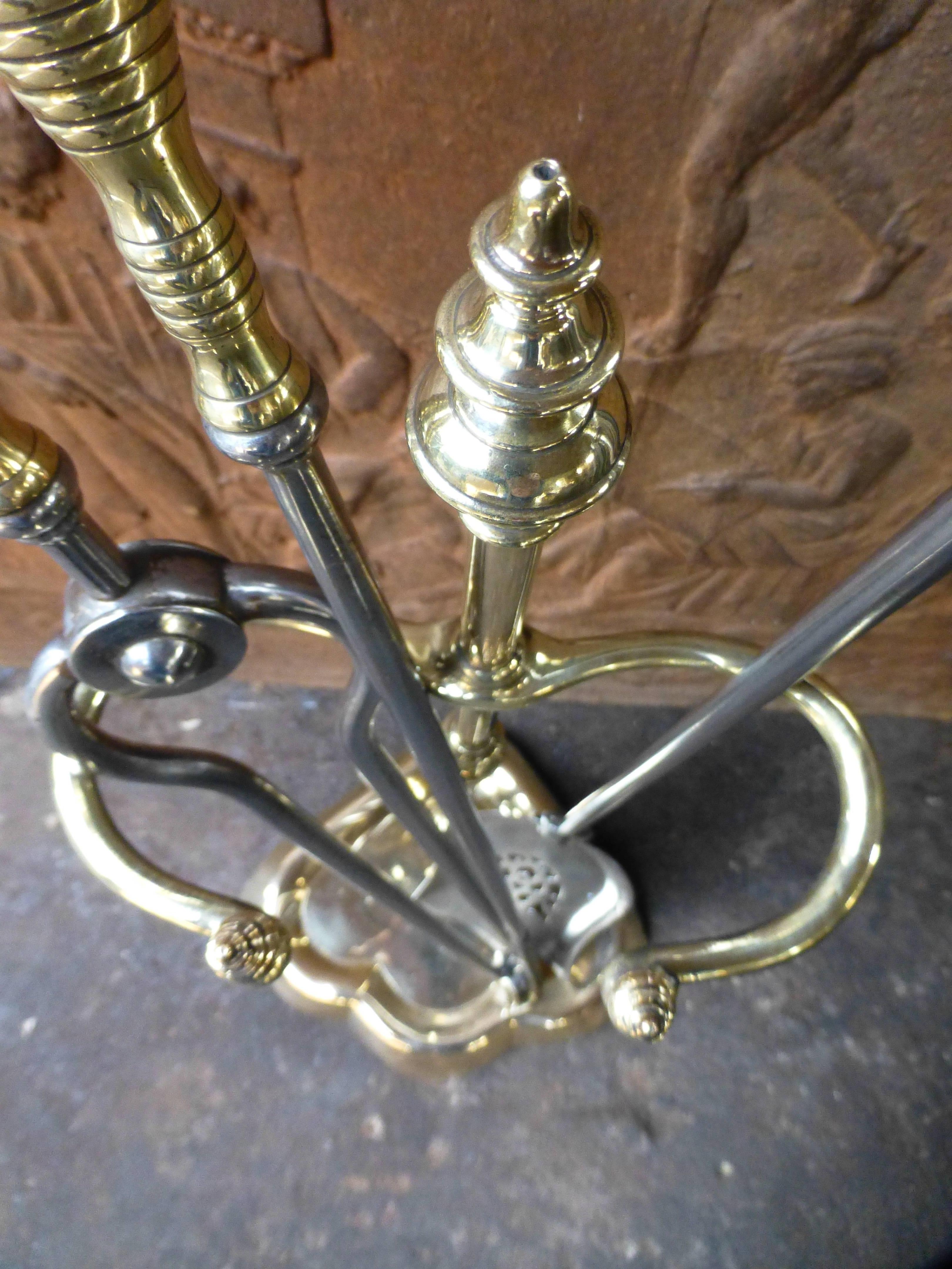 Antique Polished Brass and Steel Fire Tool Set and Stand, 19th Century 3