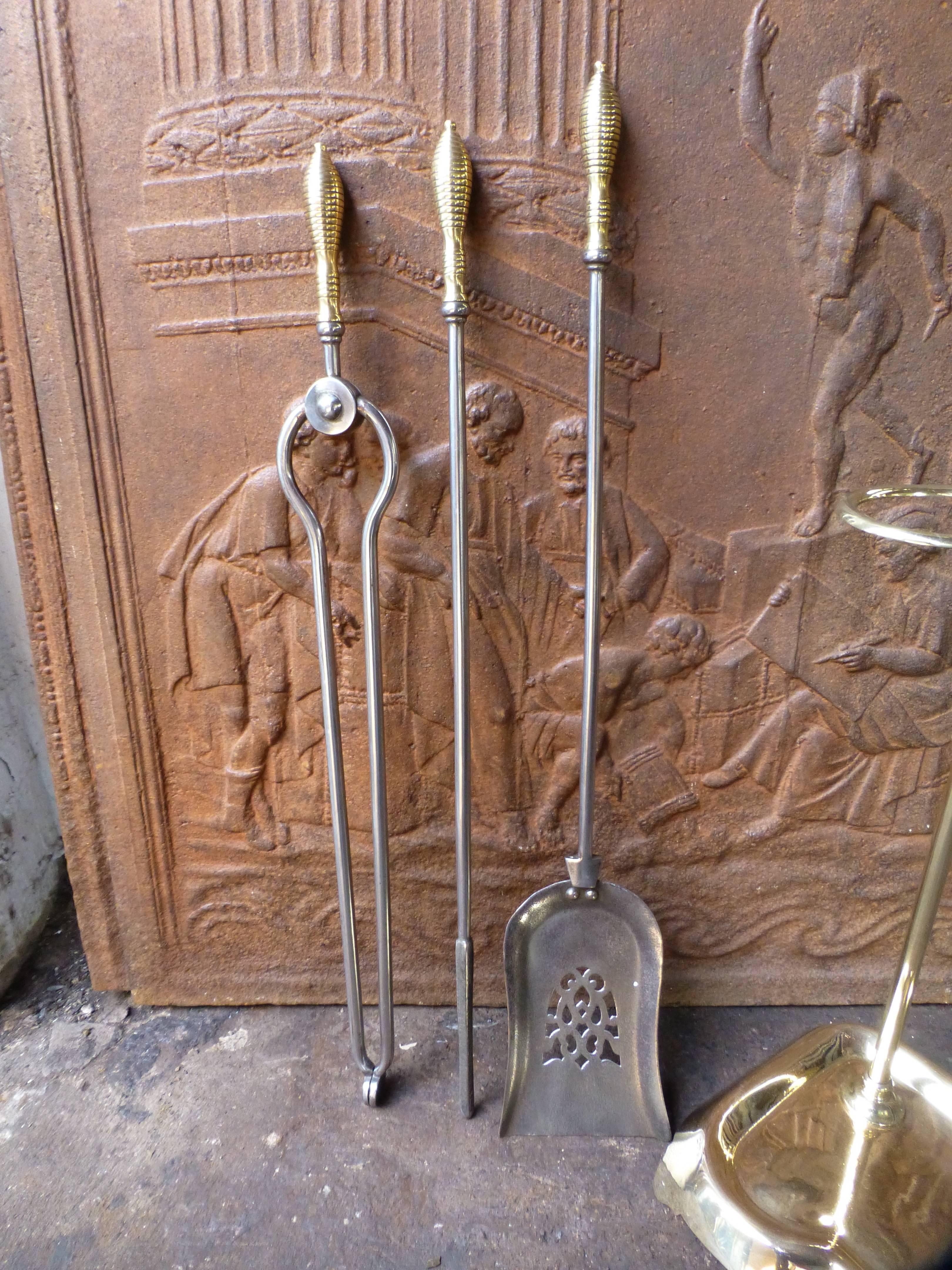 Antique Polished Brass and Steel Fire Tool Set and Stand, 19th Century 5