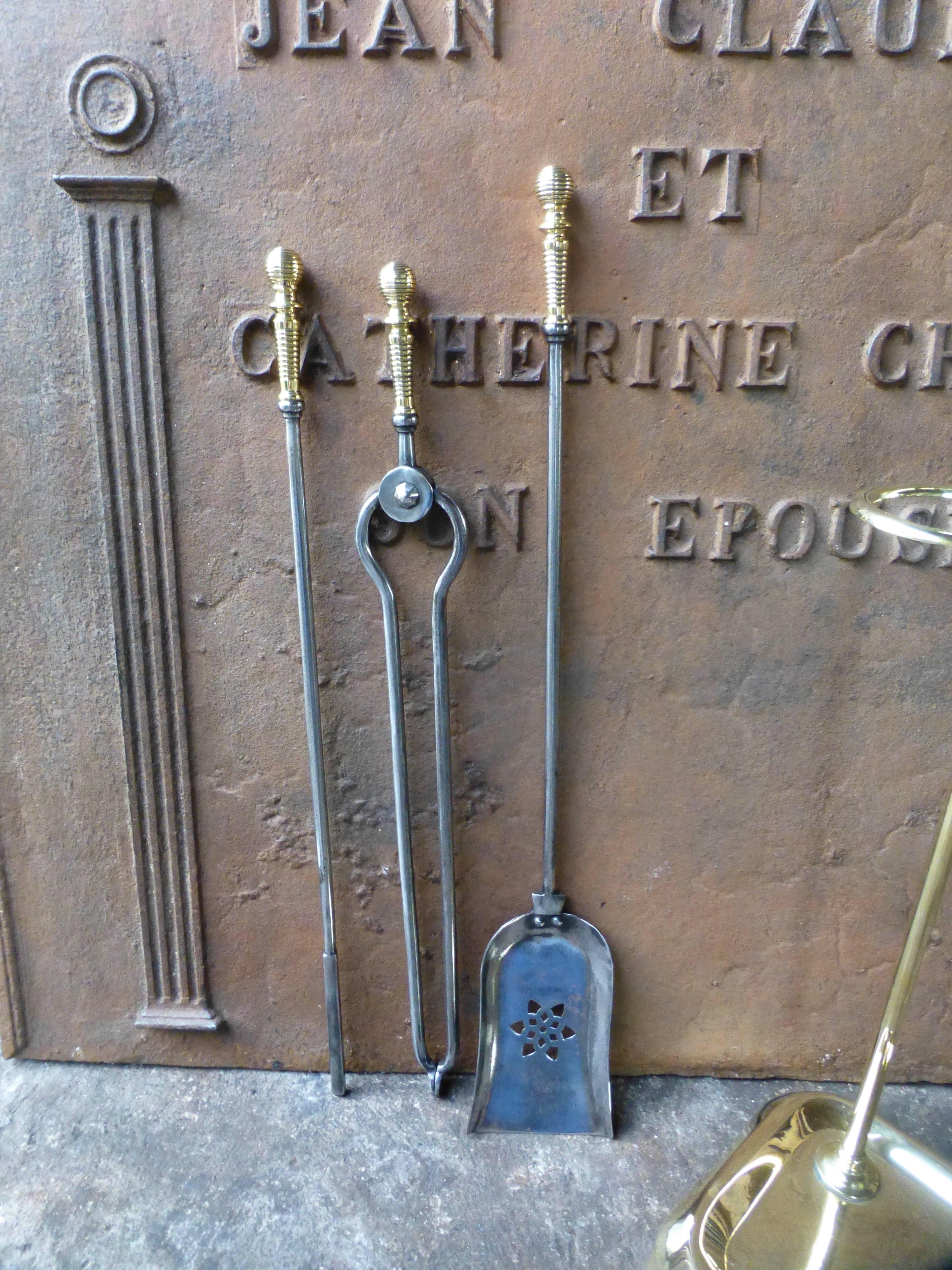 19th Century Polished Steel and Brass Fire Tool Set 1