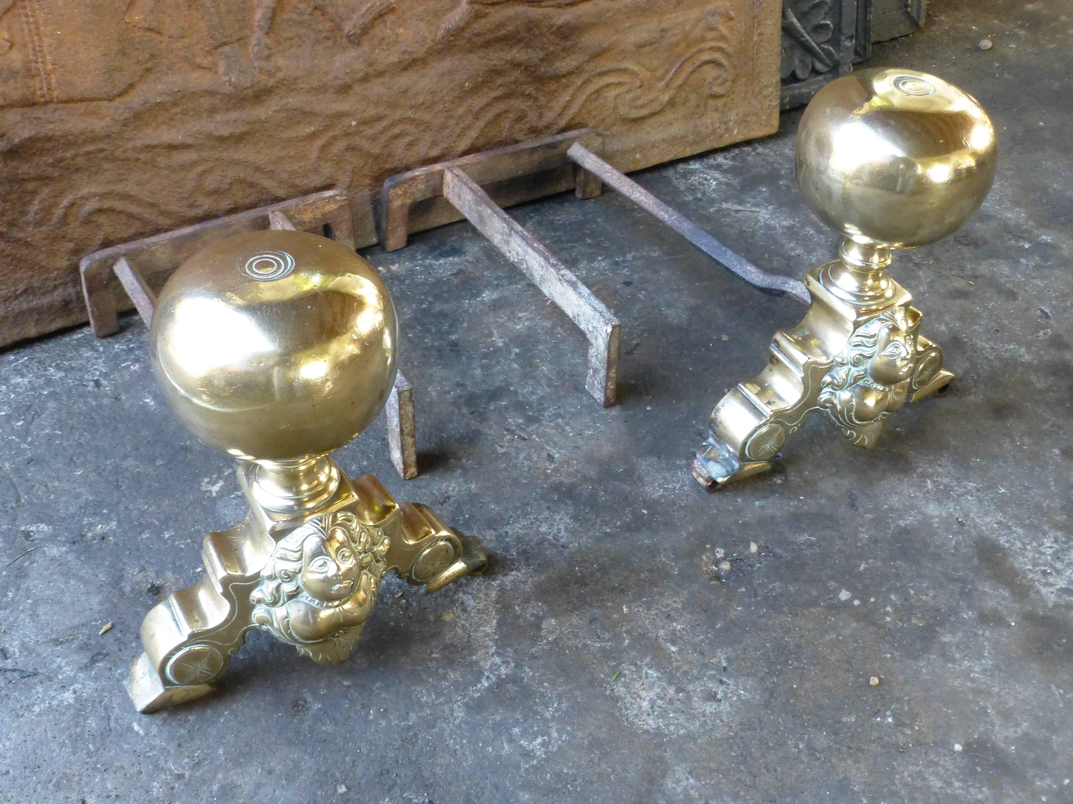 Forged 17th Century Bronze Dutch Andirons, Firedogs