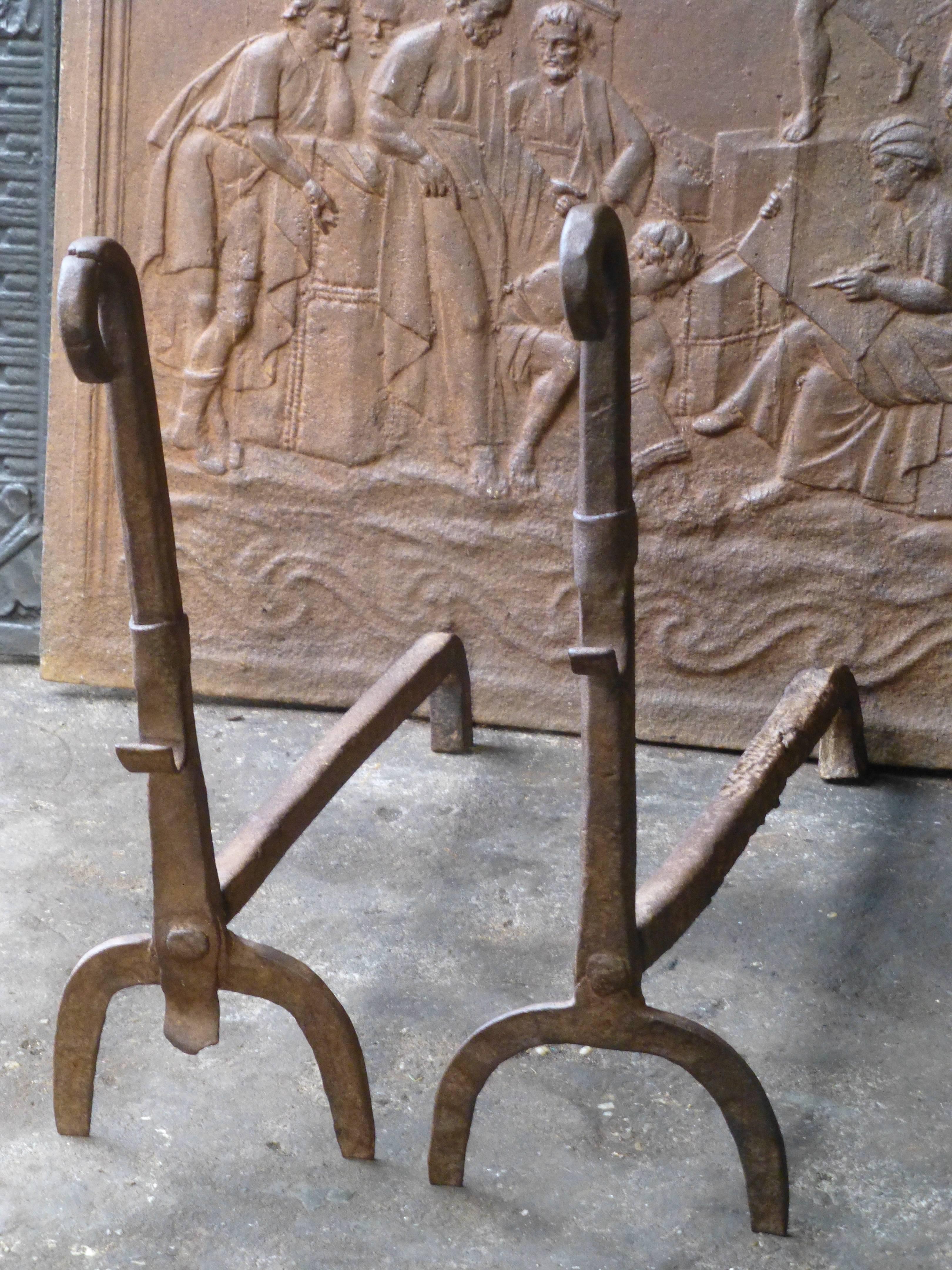 18th Century Horseshoe Andirons, Firedogs, made of wrought iron. The style of the andirons is Gothic. The condition is good.