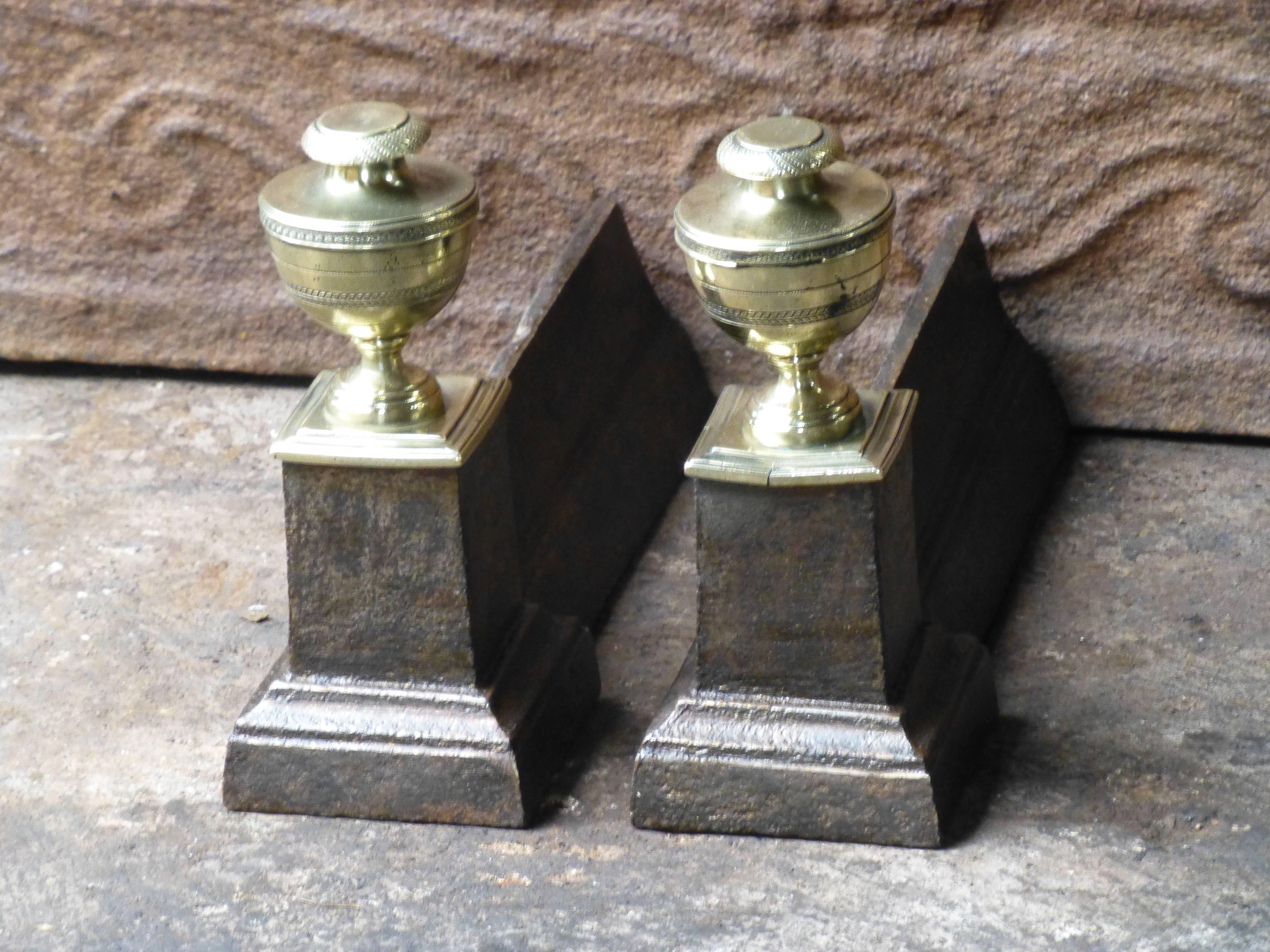 Neoclassical French Polished Bronze and Cast Iron Andirons, Firedogs