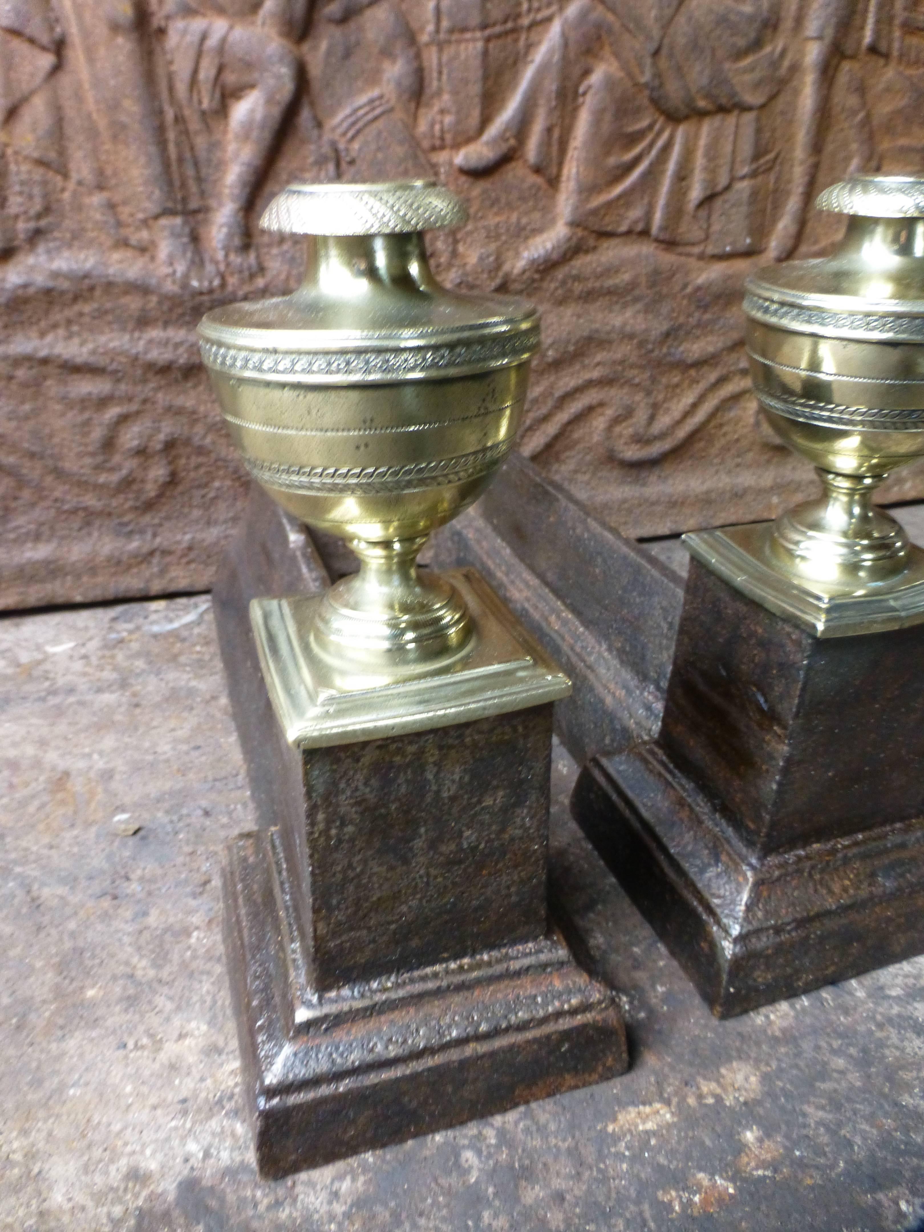 French Polished Bronze and Cast Iron Andirons, Firedogs In Good Condition In Amerongen, NL